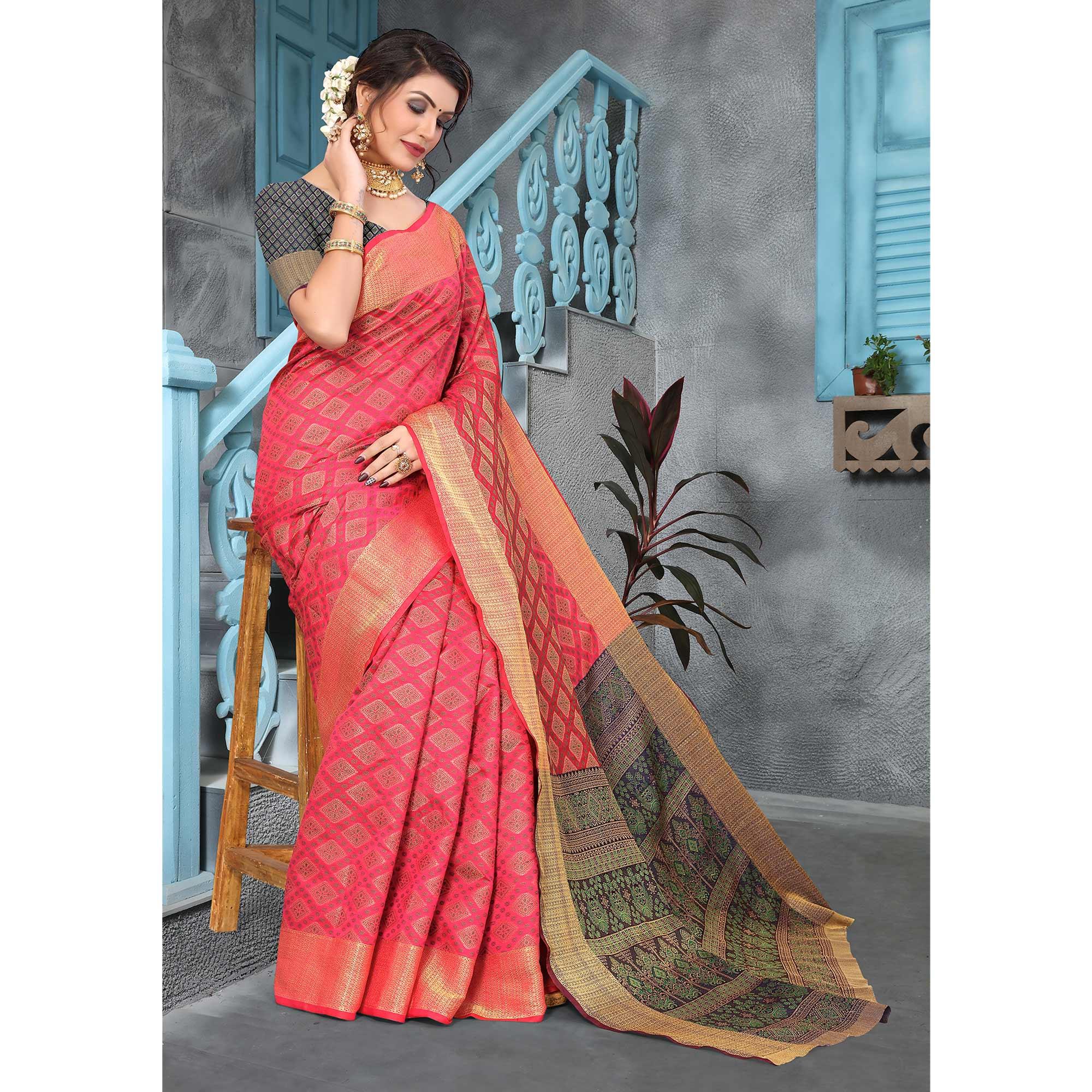 Pink Woven Jacquard Saree - Peachmode