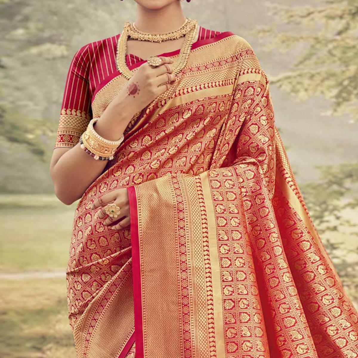 Pink Woven Jacquard Saree - Peachmode