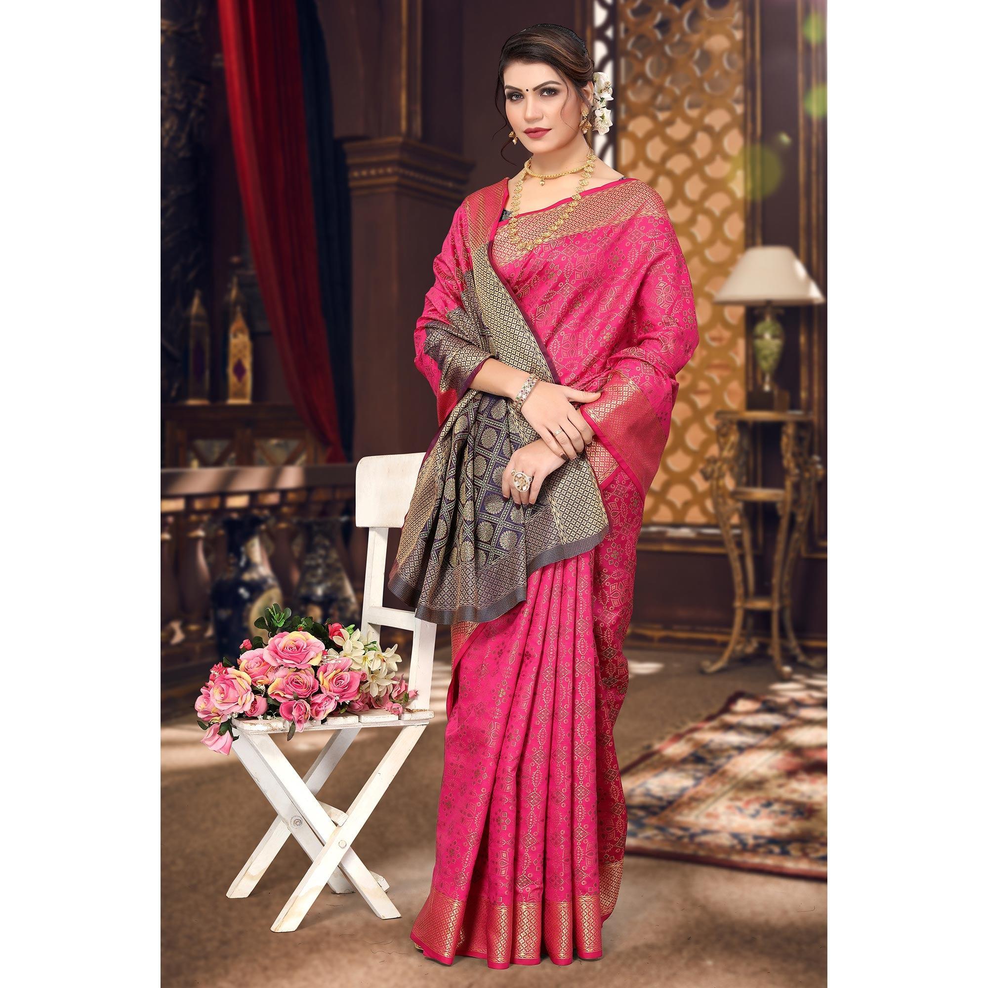 Pink Woven Jacquard Saree - Peachmode