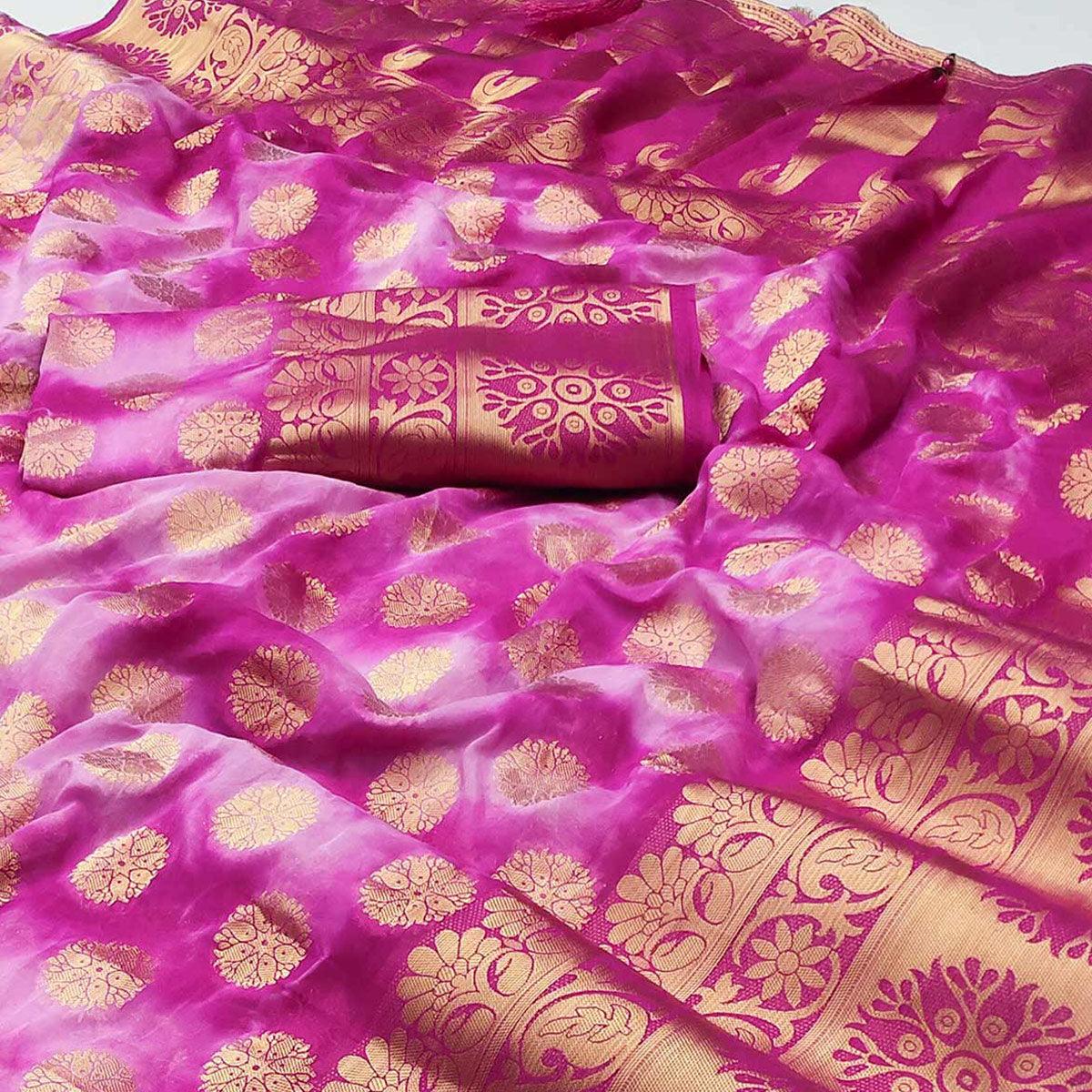 Pink Woven Jacquard Saree With Tassels - Peachmode