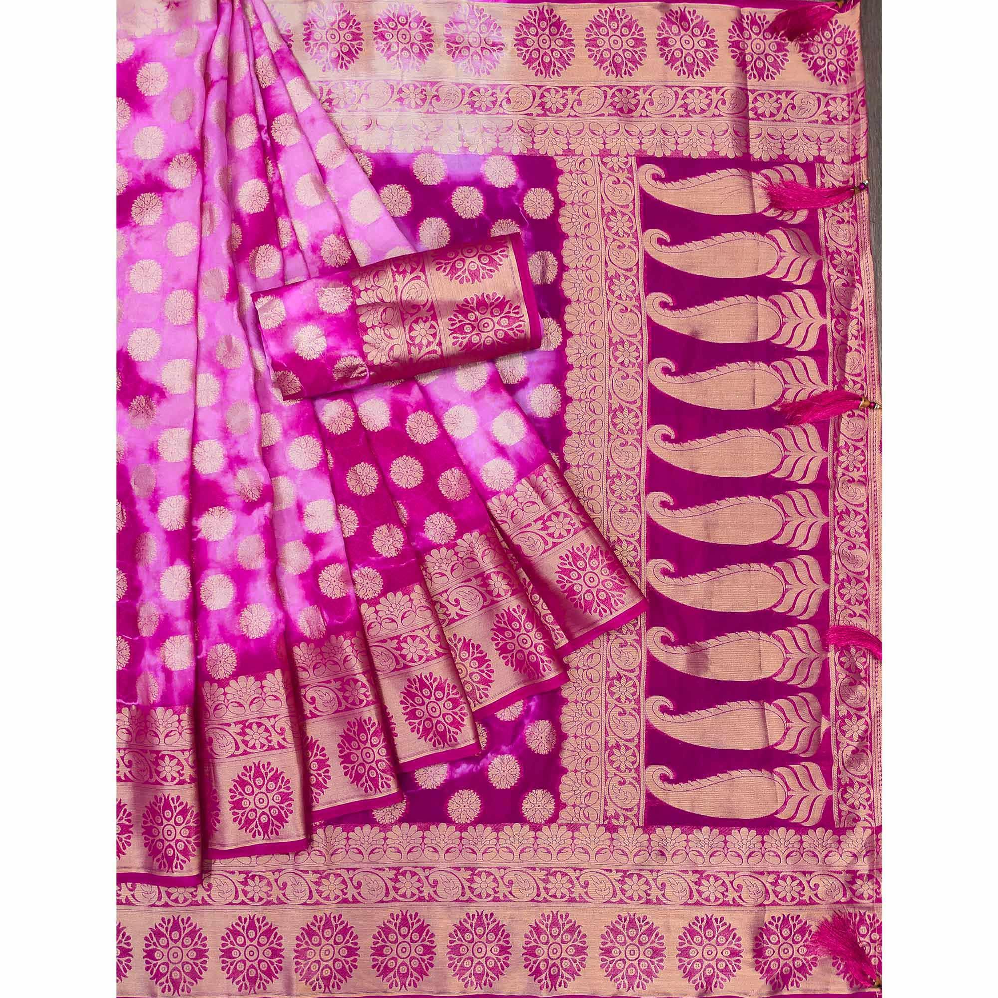 Pink Woven Jacquard Saree With Tassels - Peachmode