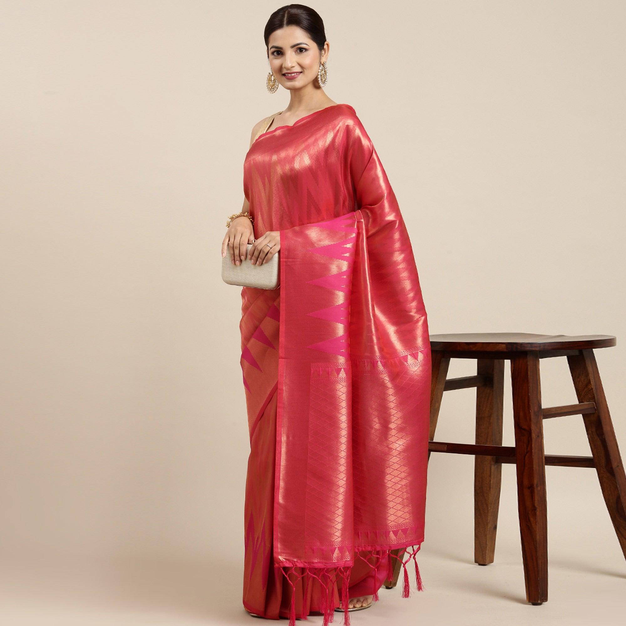 Pink Woven Kanjivaram Silk Saree With Tassels - Peachmode