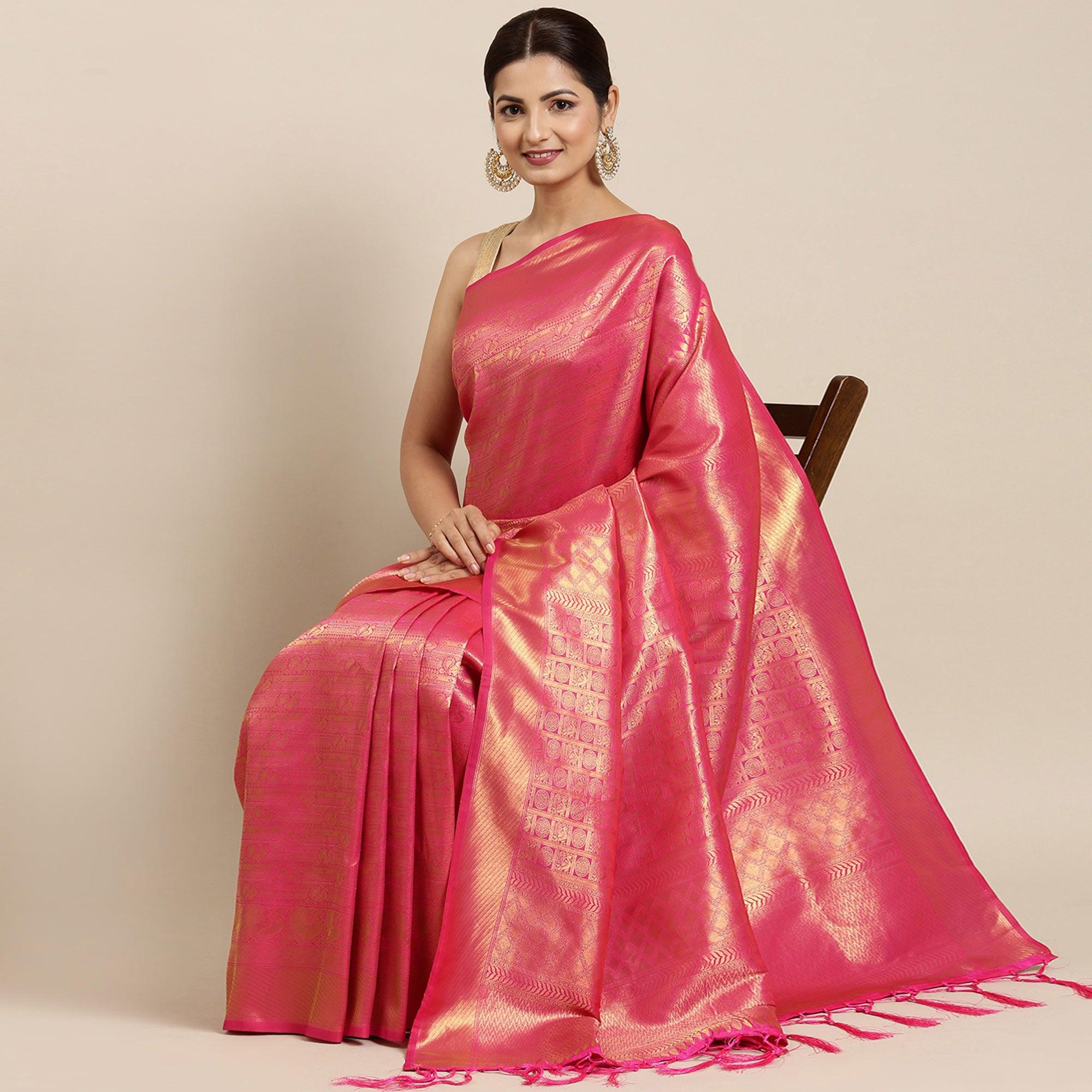 Pink Woven Kanjivaram Silk Saree With Tassels - Peachmode