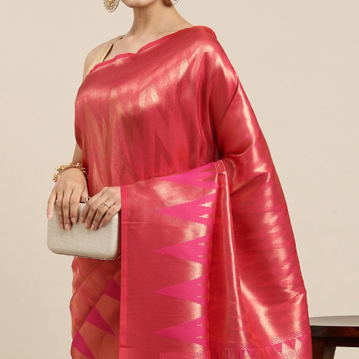 Pink Woven Kanjivaram Silk Saree With Tassels - Peachmode