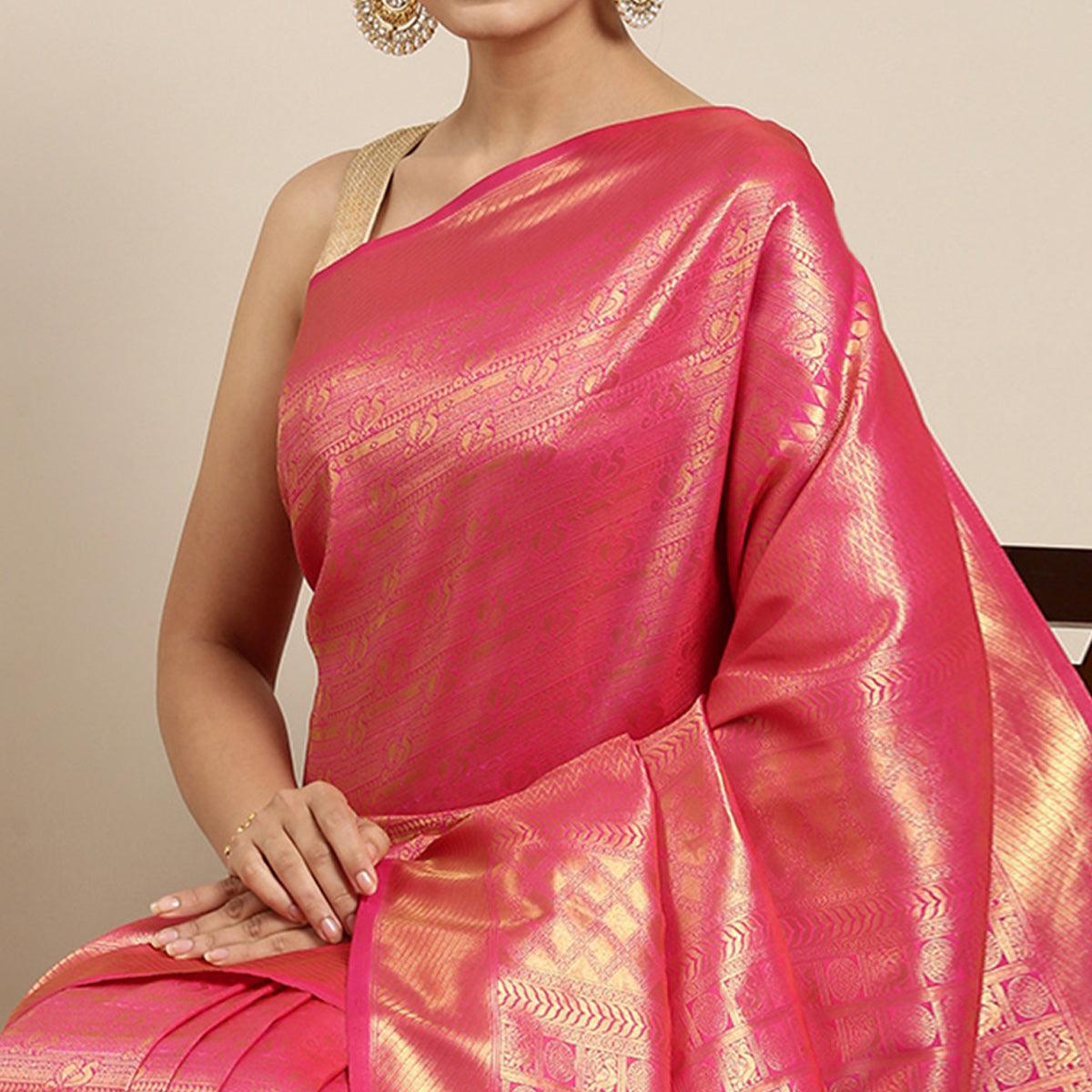 Pink Woven Kanjivaram Silk Saree With Tassels - Peachmode