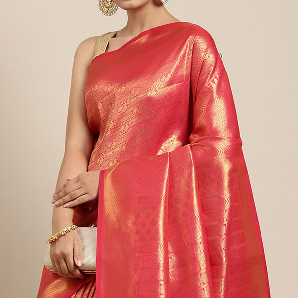 Pink Woven Kanjivaram Silk Saree With Tassels - Peachmode