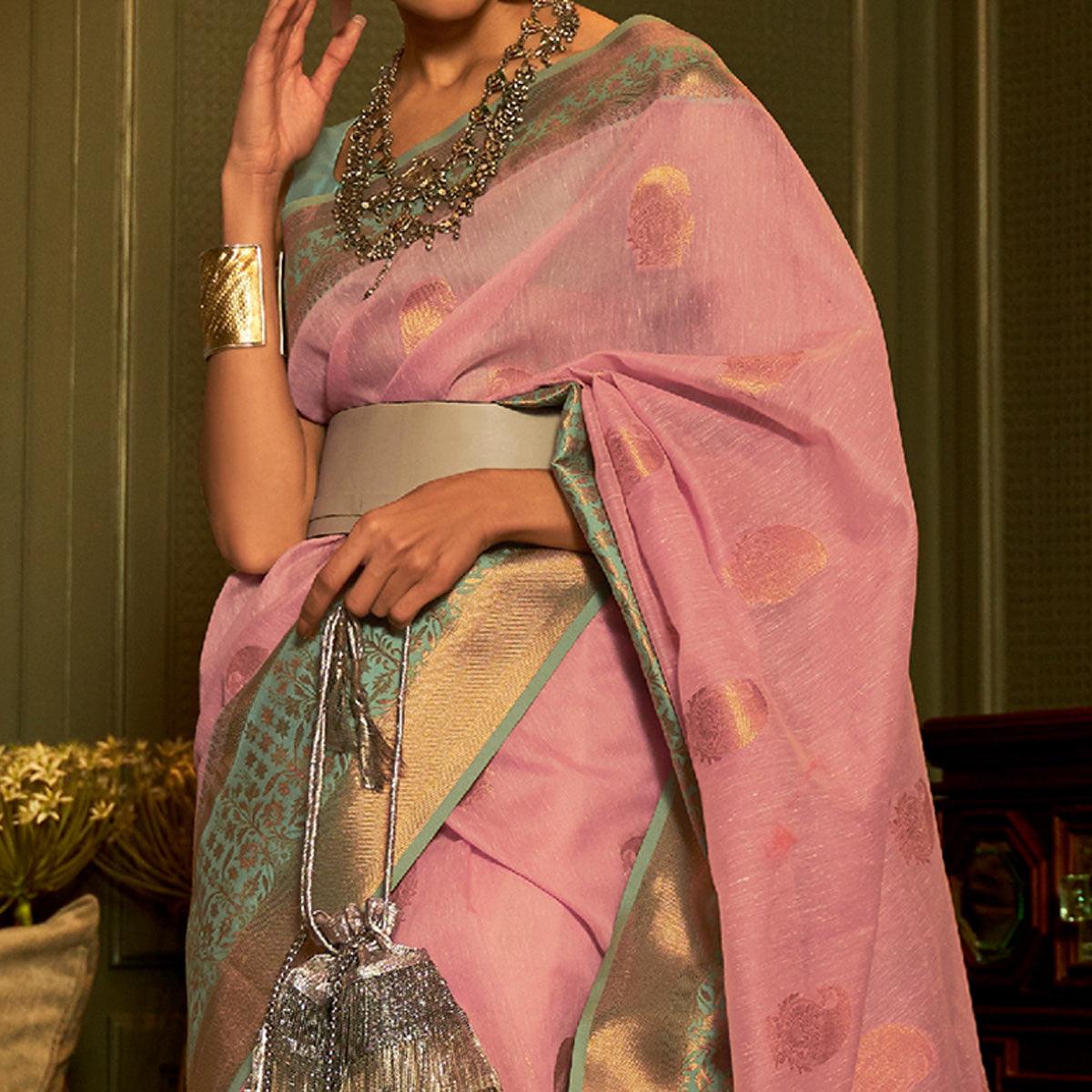 Pink Woven Linen Saree - Peachmode