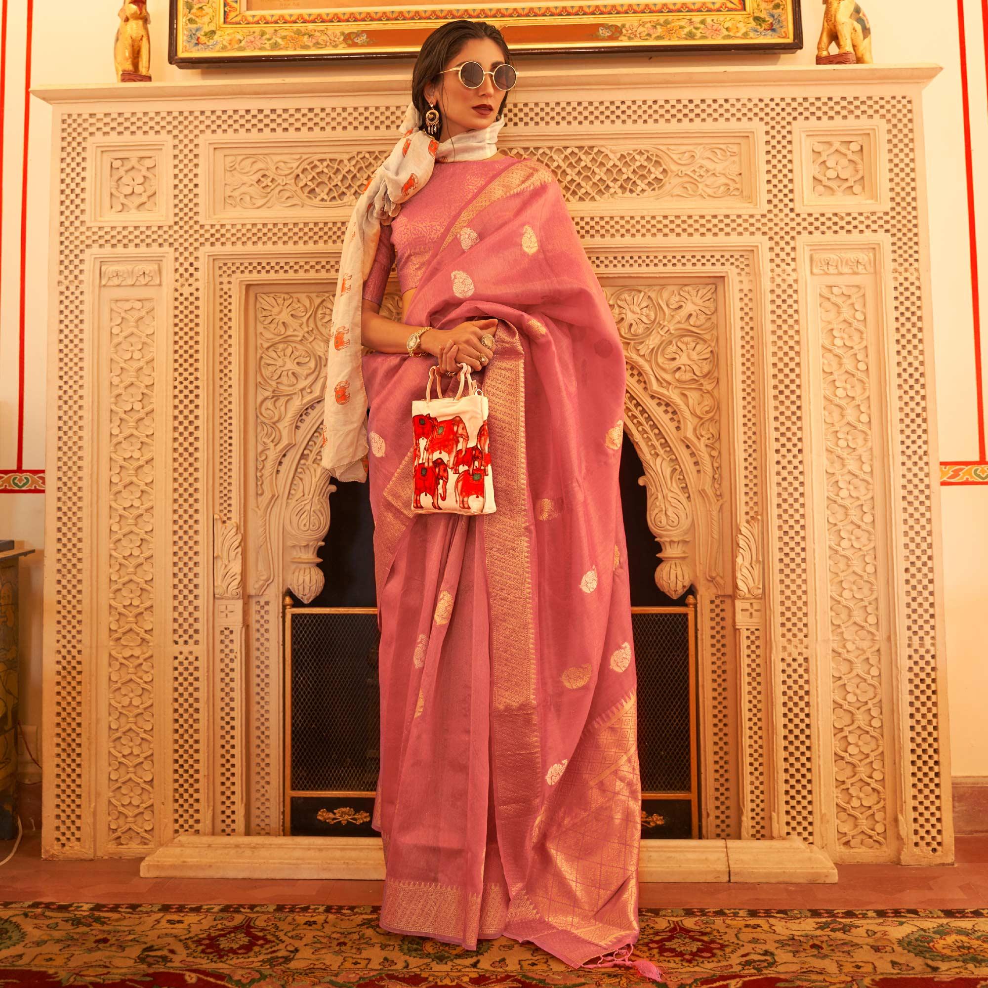 Pink Woven Linen Saree With Tassels - Peachmode