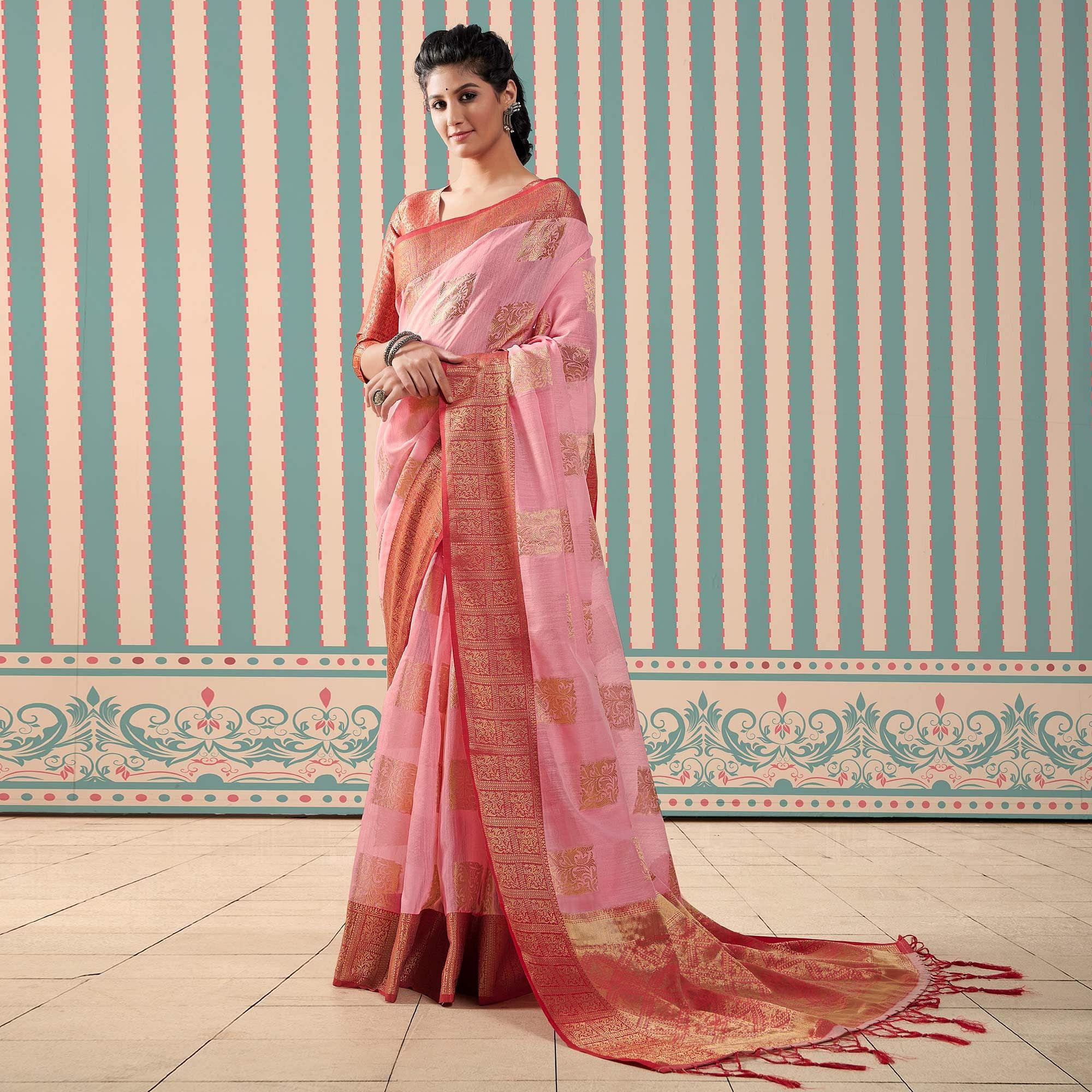 Pink Woven Linen Saree With Tassels - Peachmode