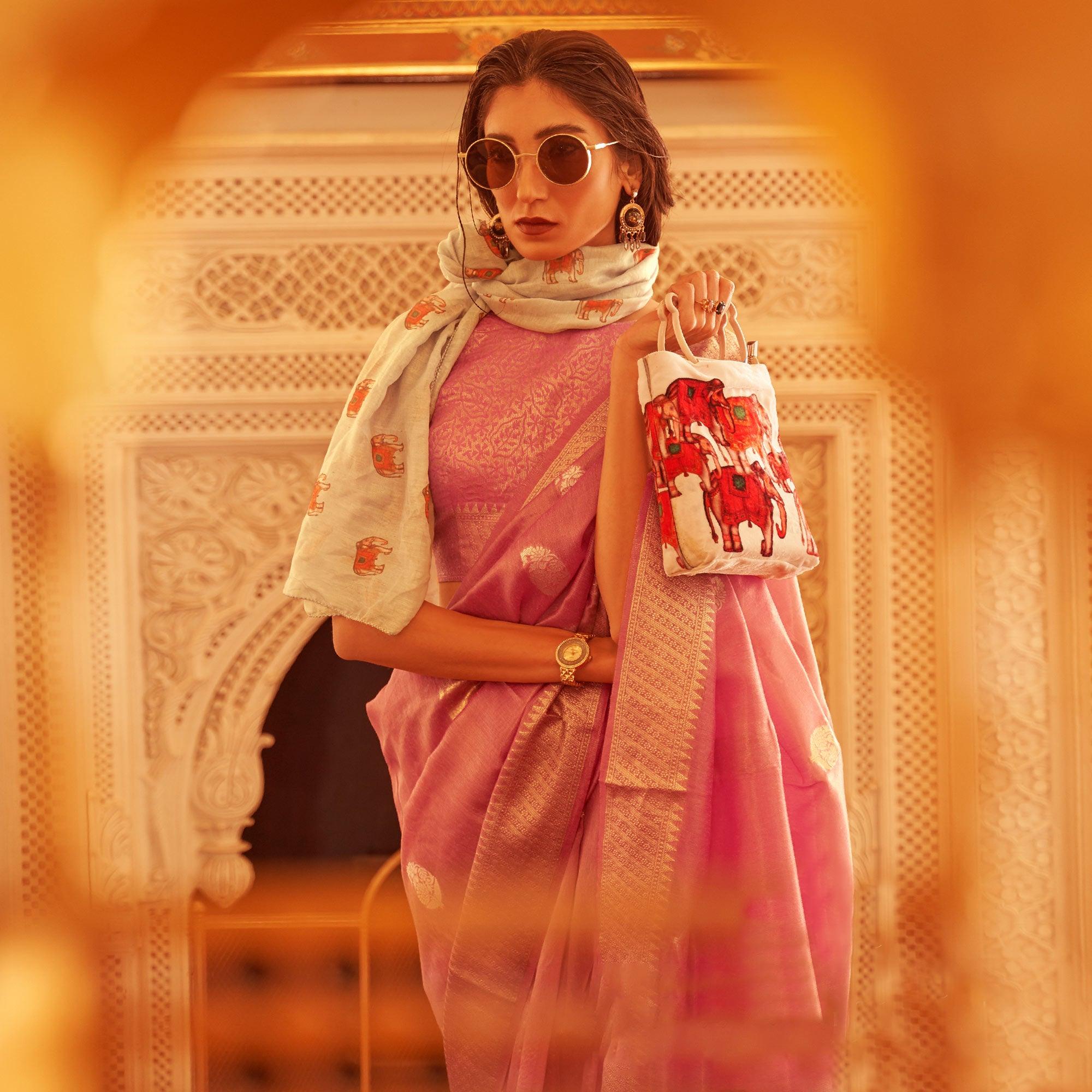 Pink Woven Linen Saree With Tassels - Peachmode