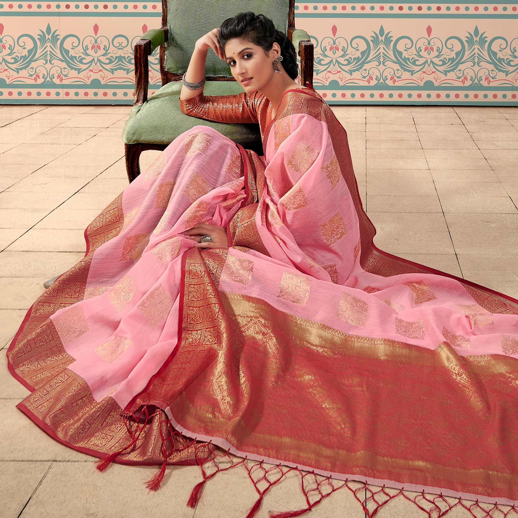 Pink Woven Linen Saree With Tassels - Peachmode