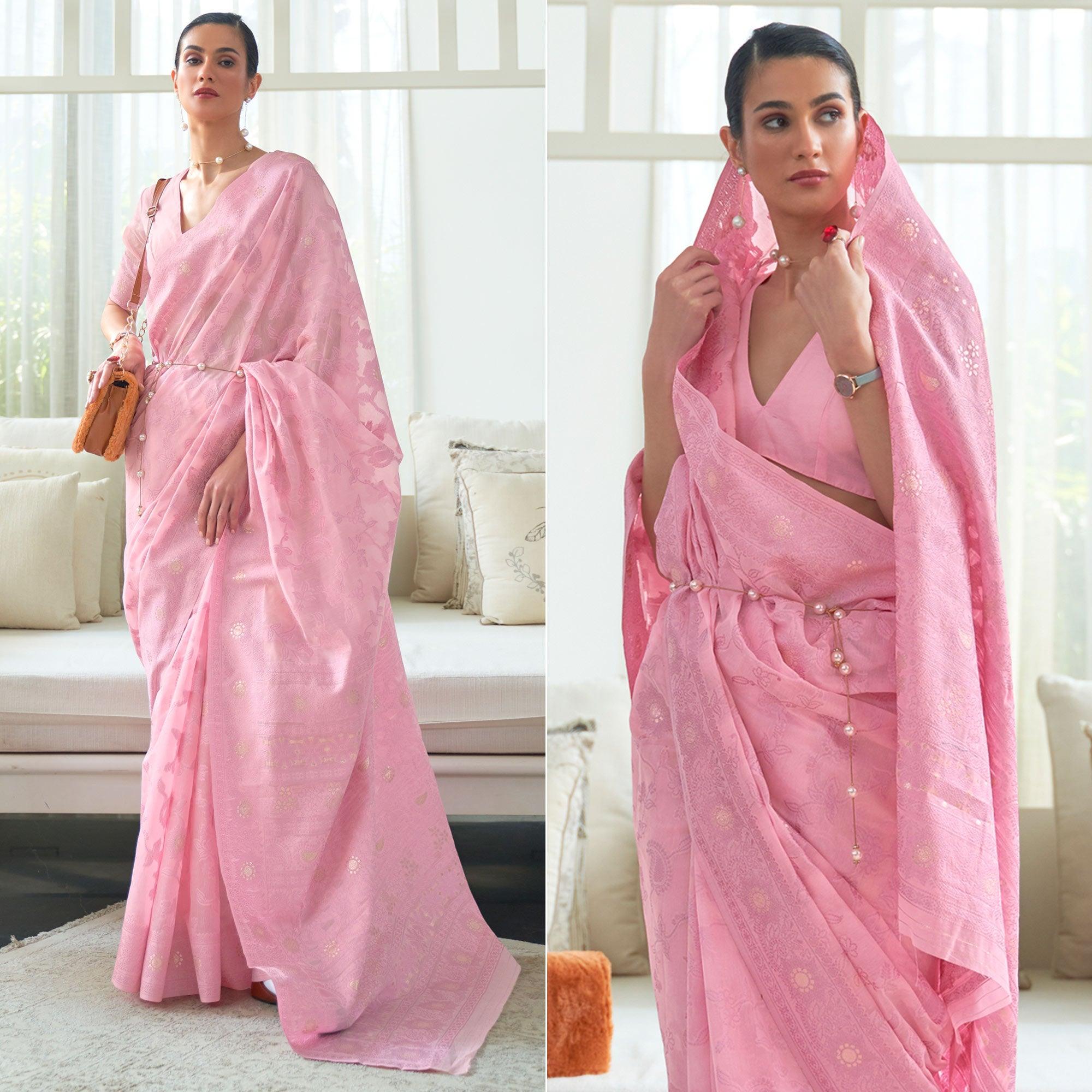 Pink Woven Lucknowi Chickankari Modal Saree - Peachmode