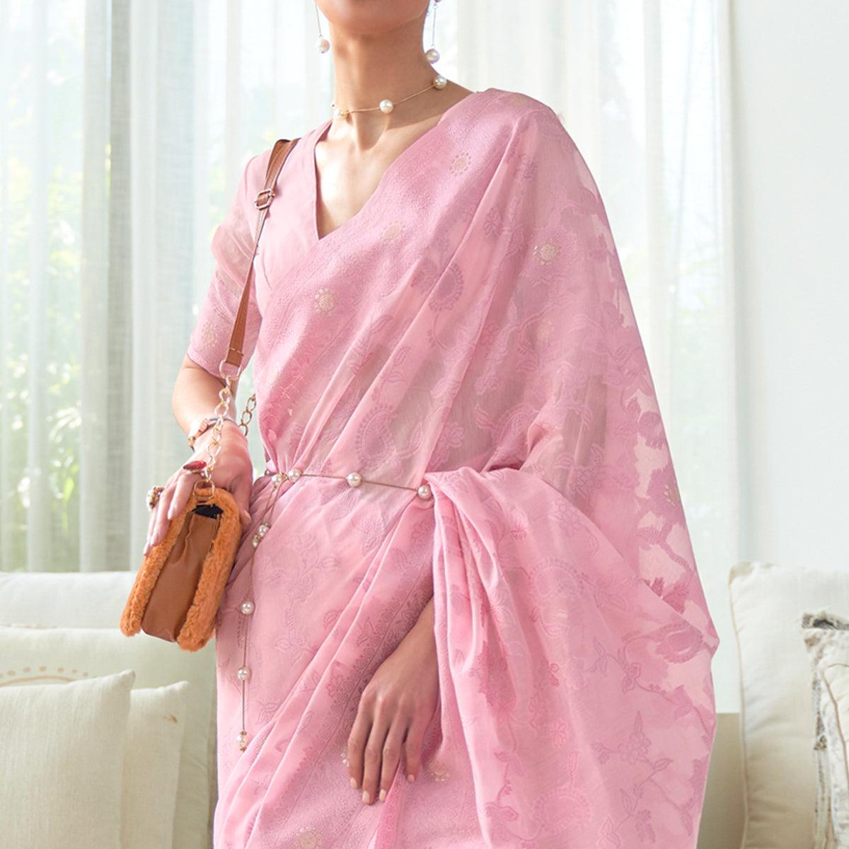 Pink Woven Lucknowi Chickankari Modal Saree - Peachmode