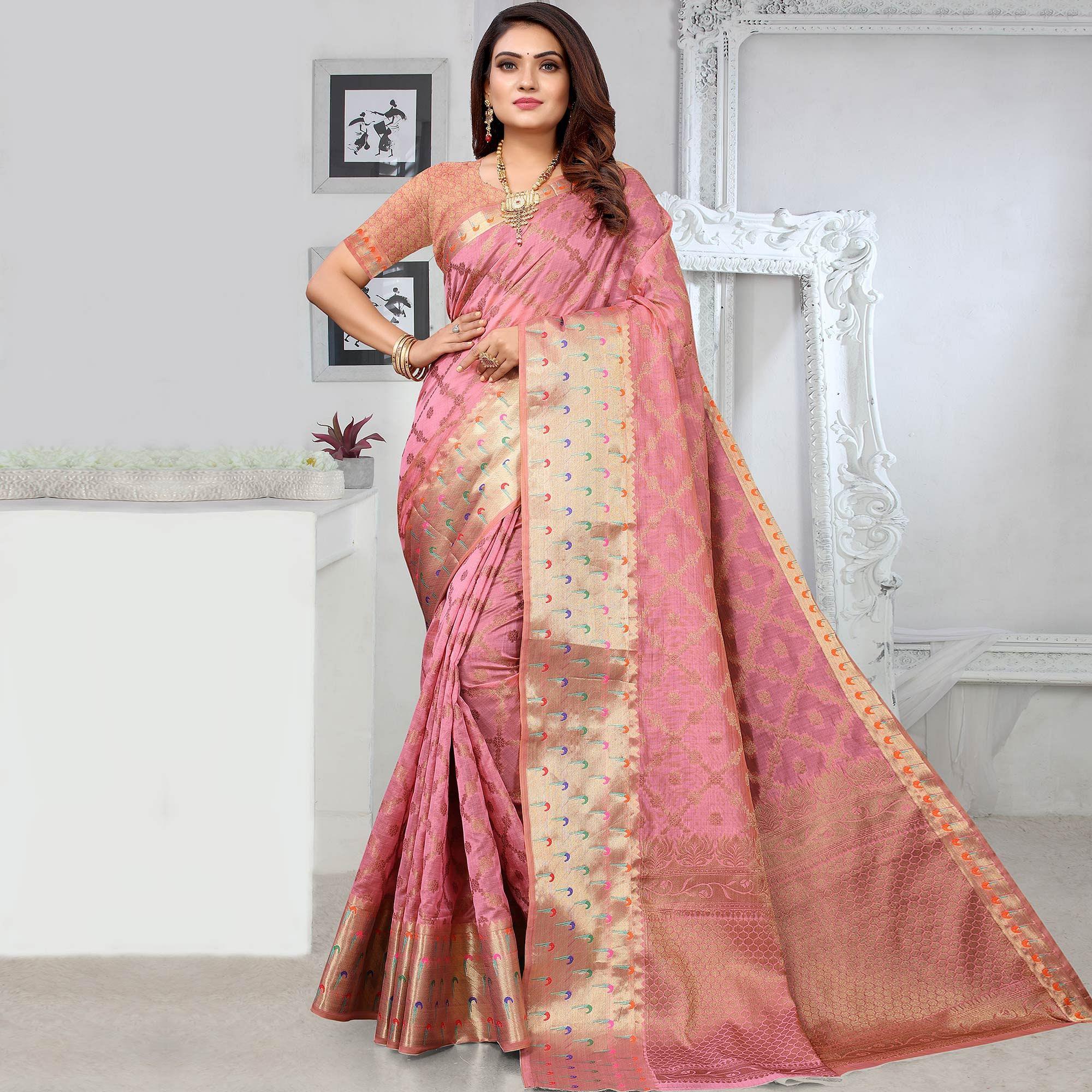 Pink Woven Organza Saree - Peachmode