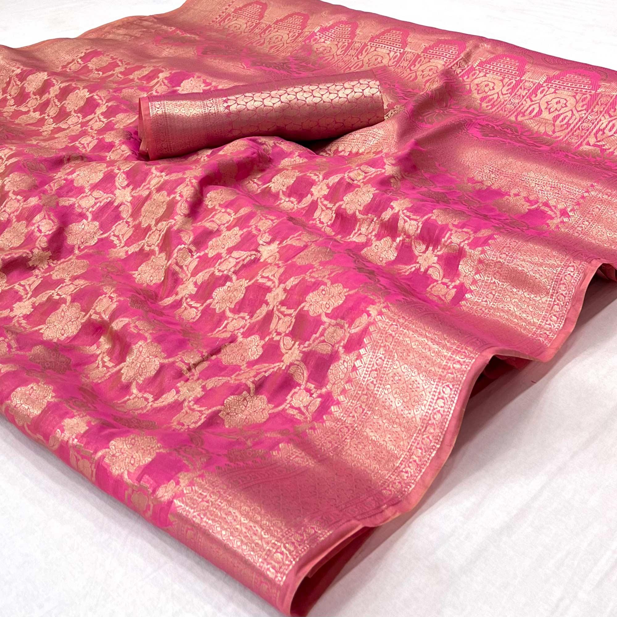 Pink Woven Organza Saree - Peachmode