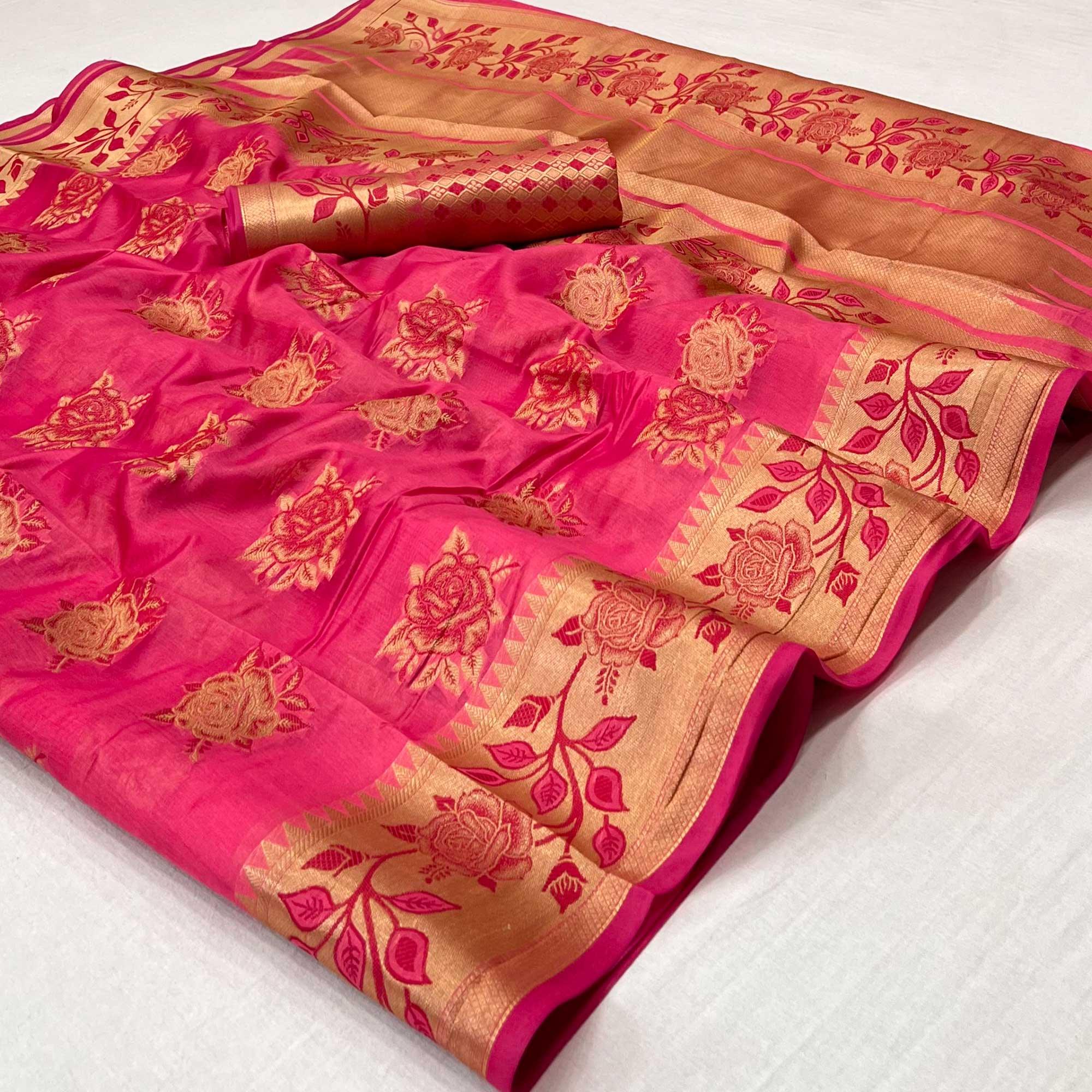 Pink Woven Organza Saree - Peachmode