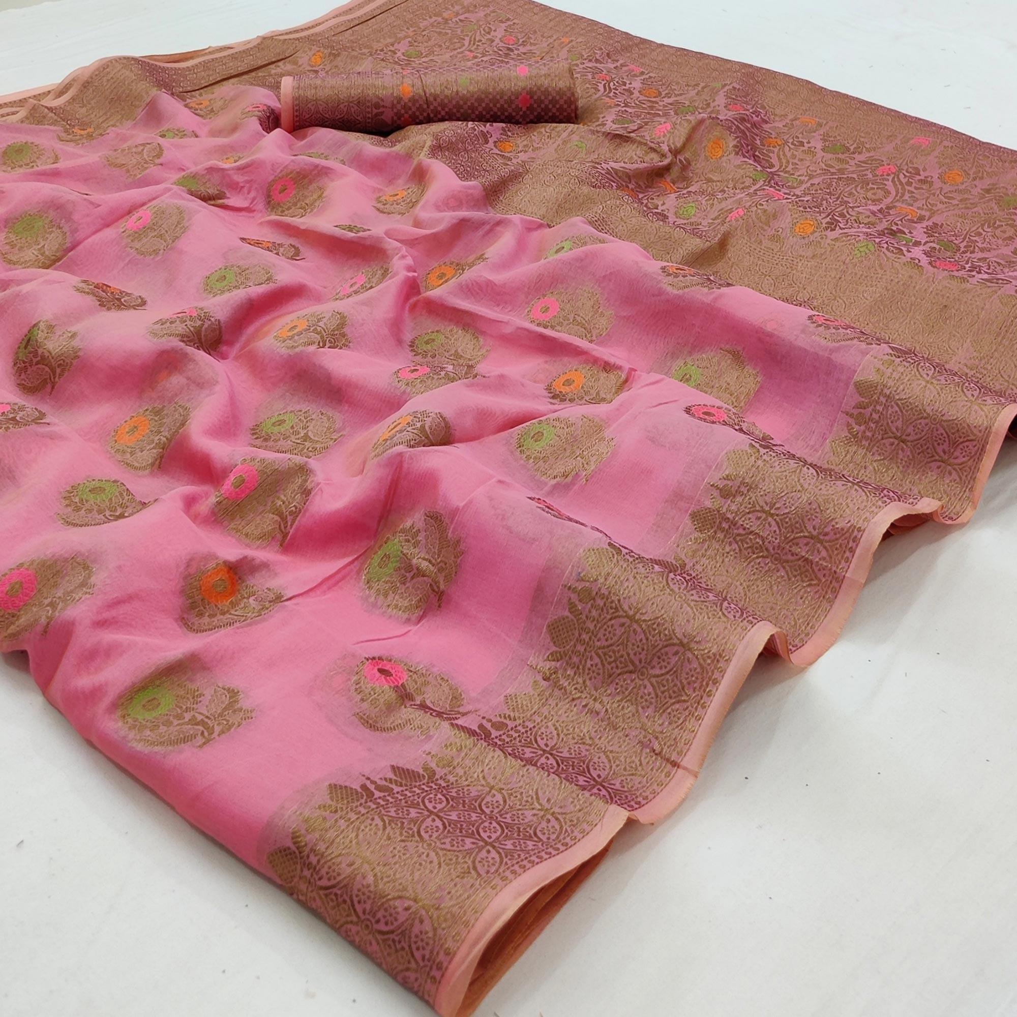 Pink Woven Organza Saree - Peachmode