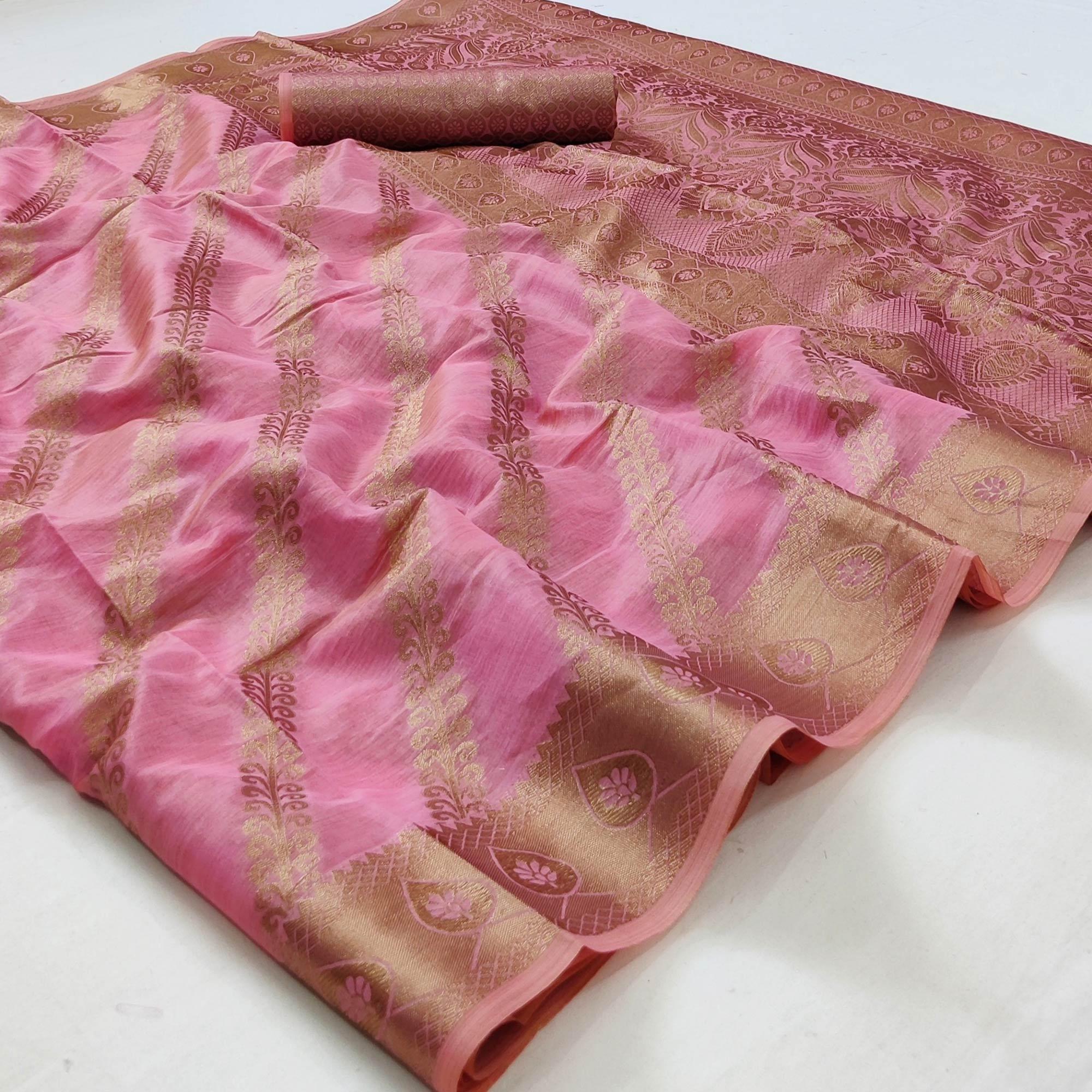 Pink Woven Organza Saree - Peachmode