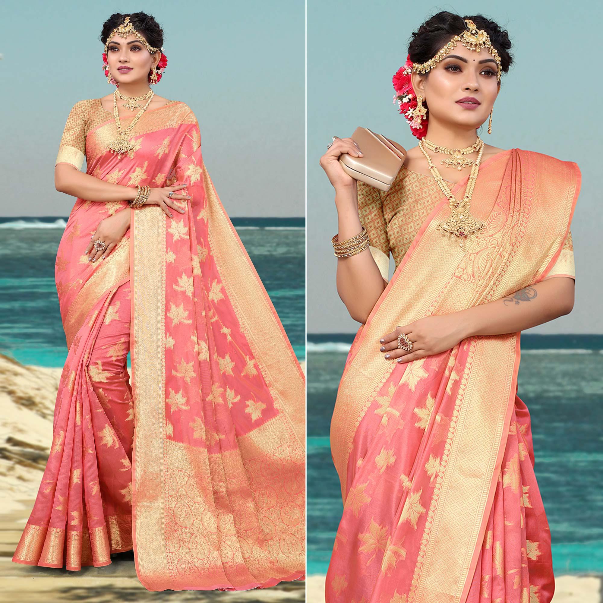 Pink Woven Organza Saree - Peachmode