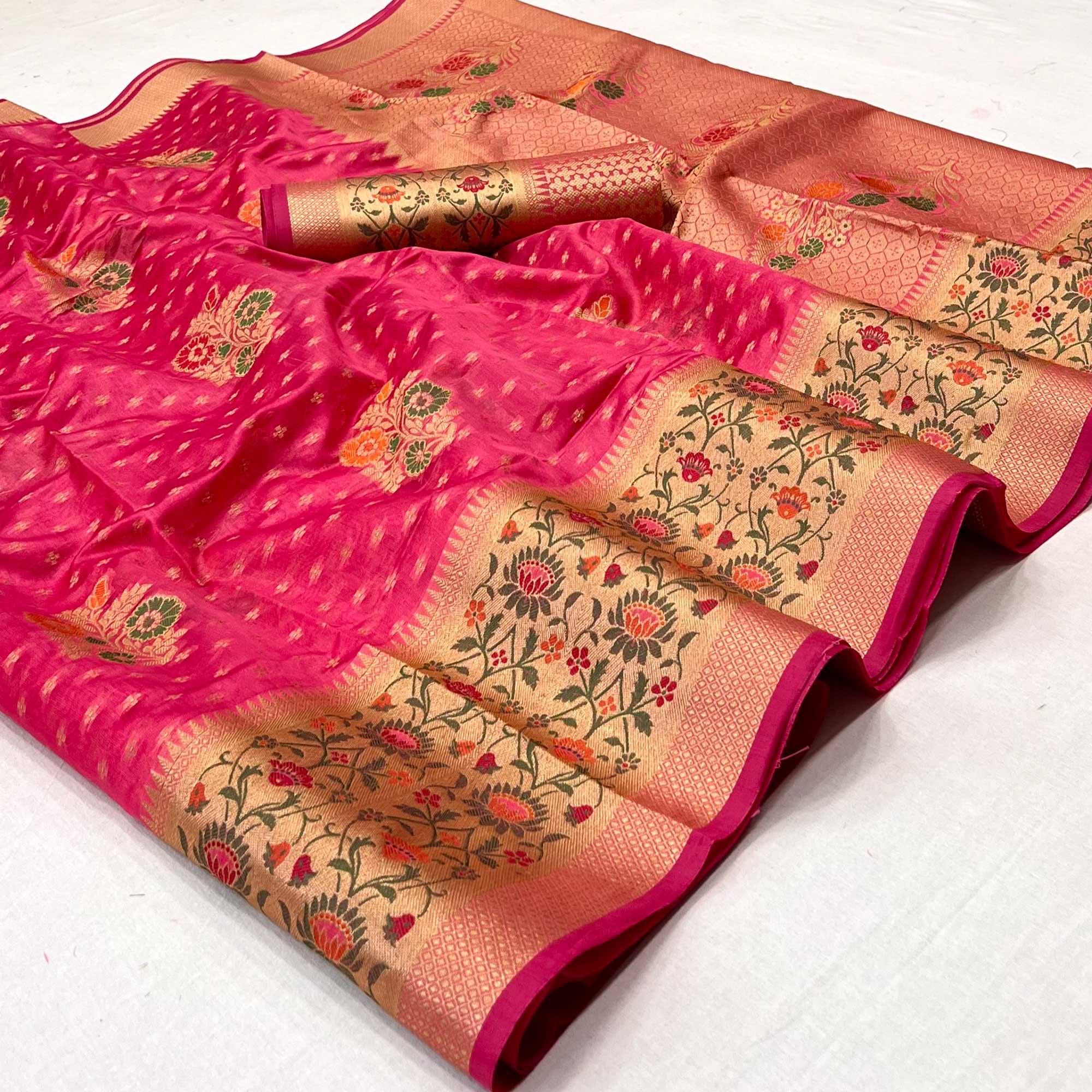 Pink Woven Organza Saree - Peachmode