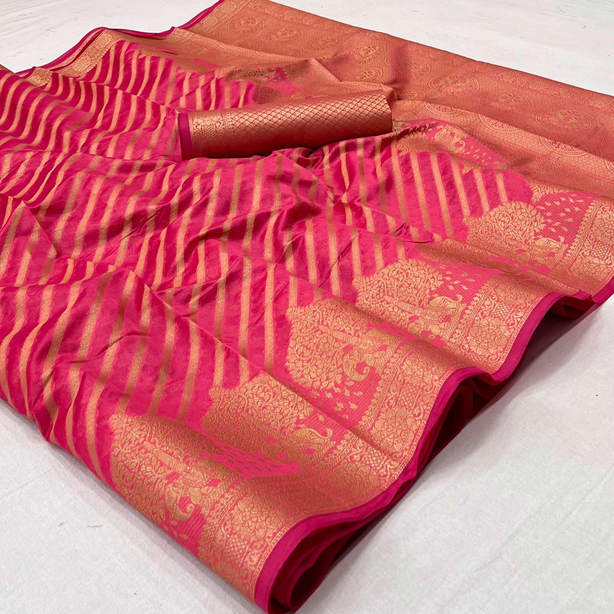 Pink Woven Organza Saree - Peachmode