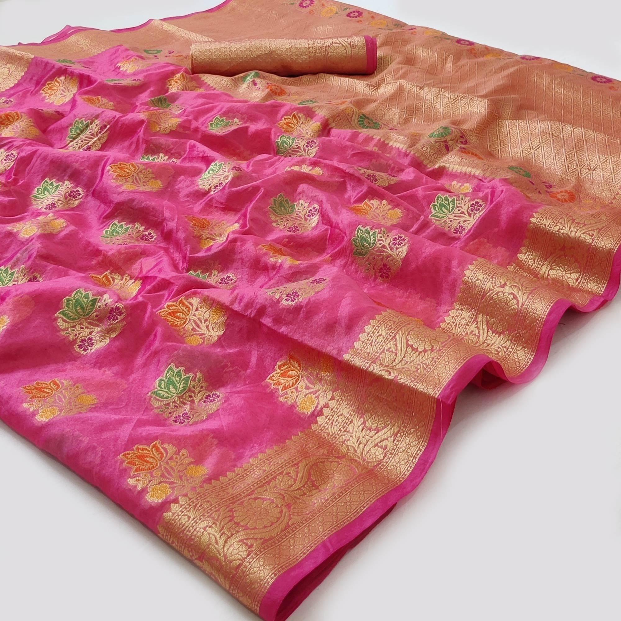 Pink Woven Organza Saree - Peachmode