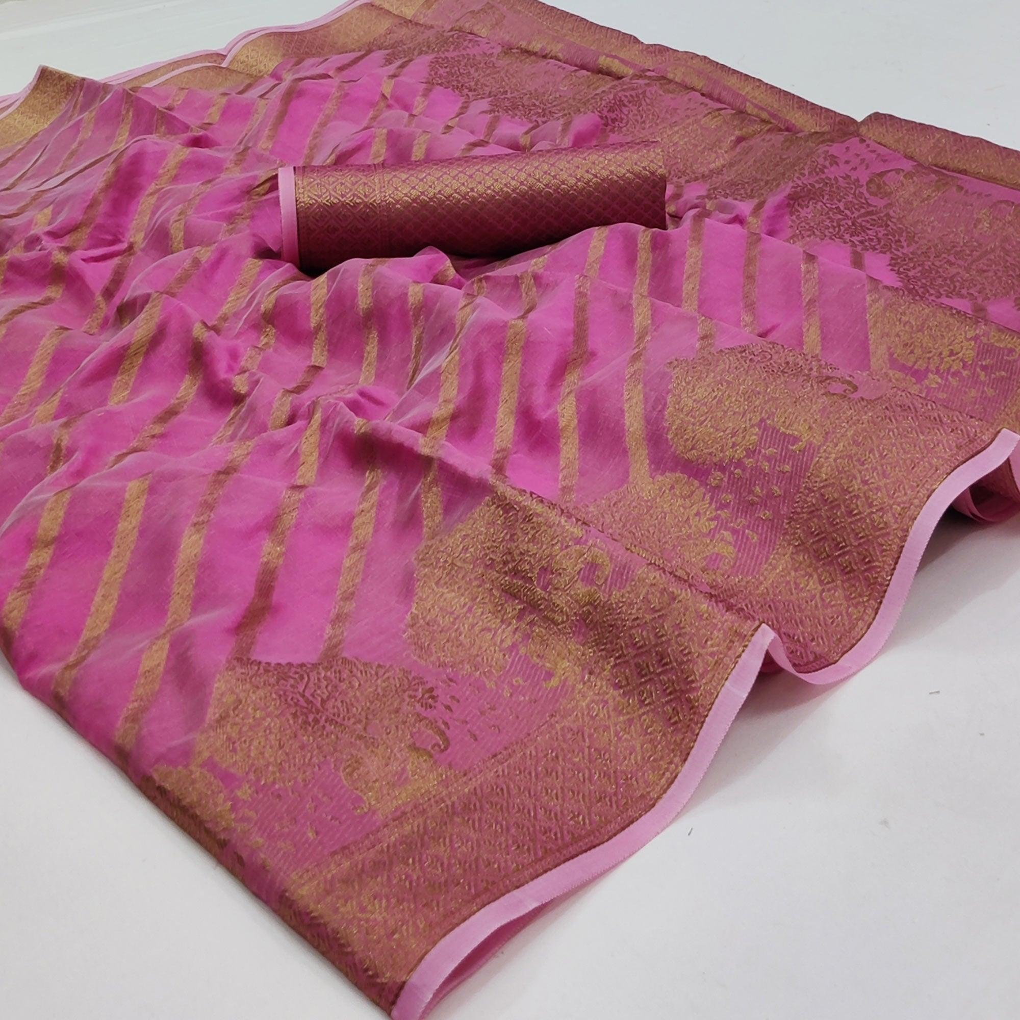 Pink Woven Organza Saree - Peachmode