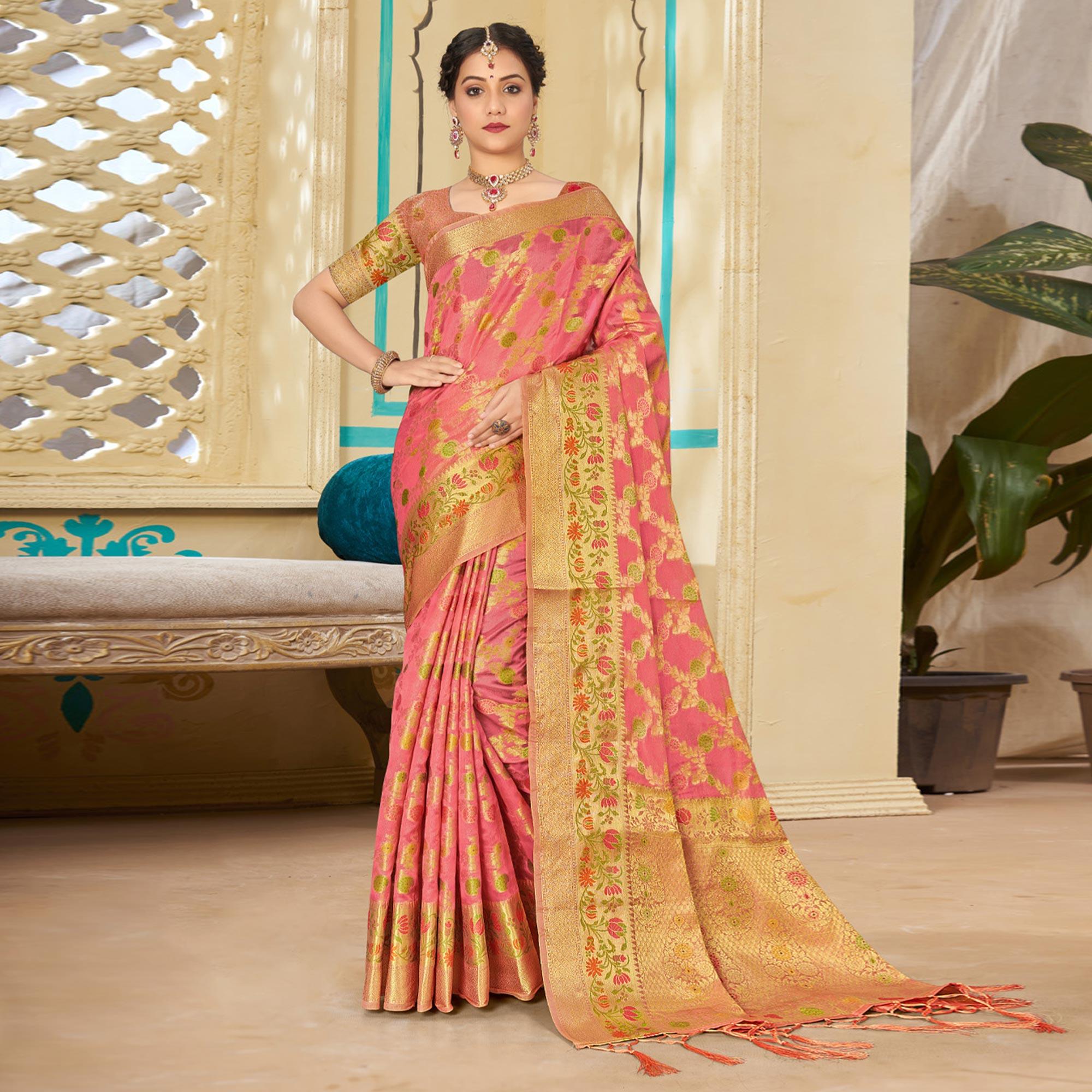 Pink Woven Organza Saree - Peachmode