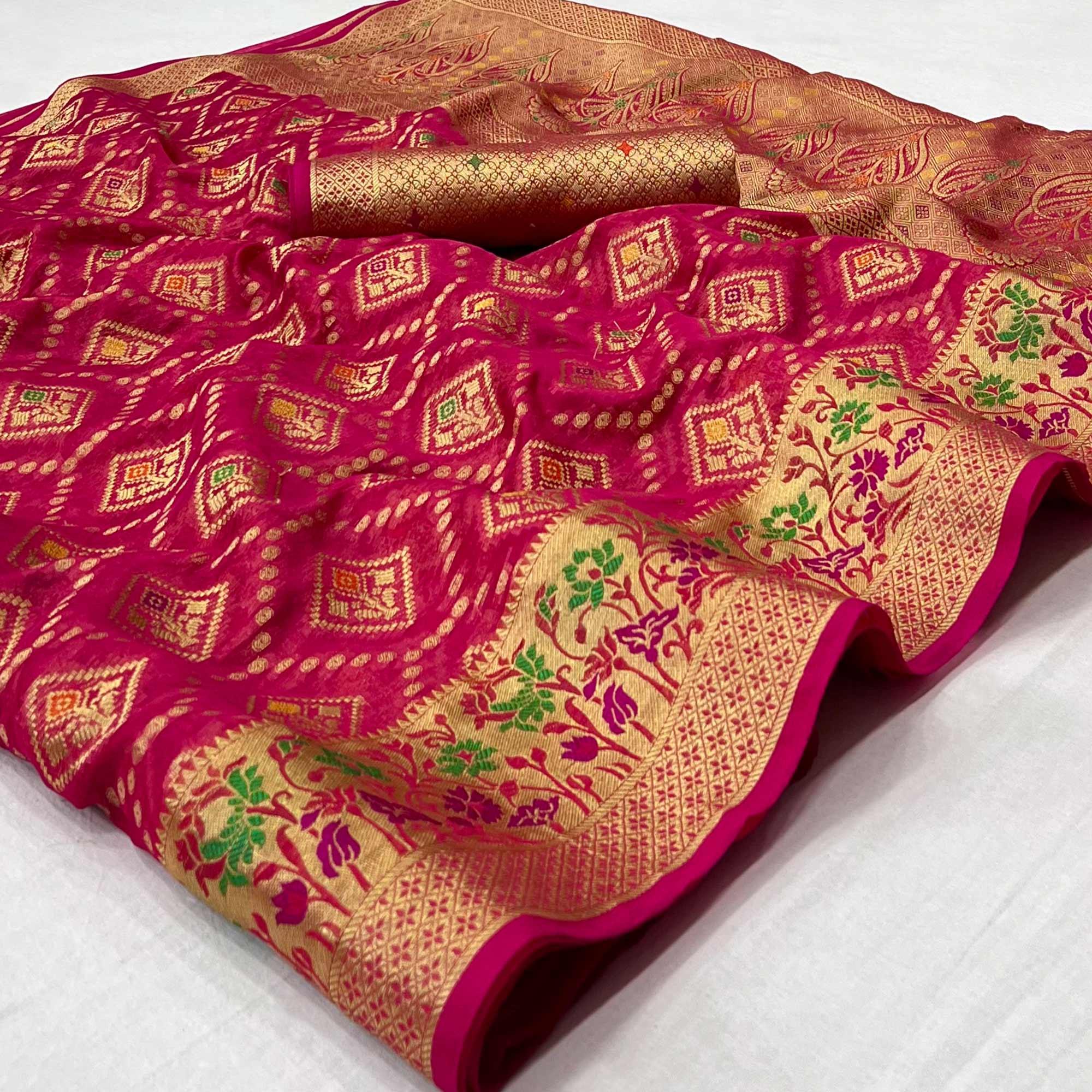 Pink Woven Organza Saree - Peachmode