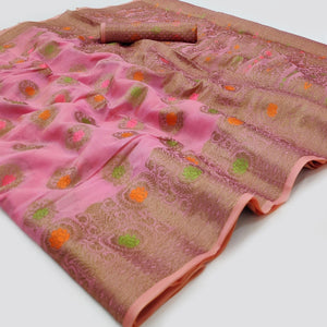 Pink Woven Organza Saree - Peachmode