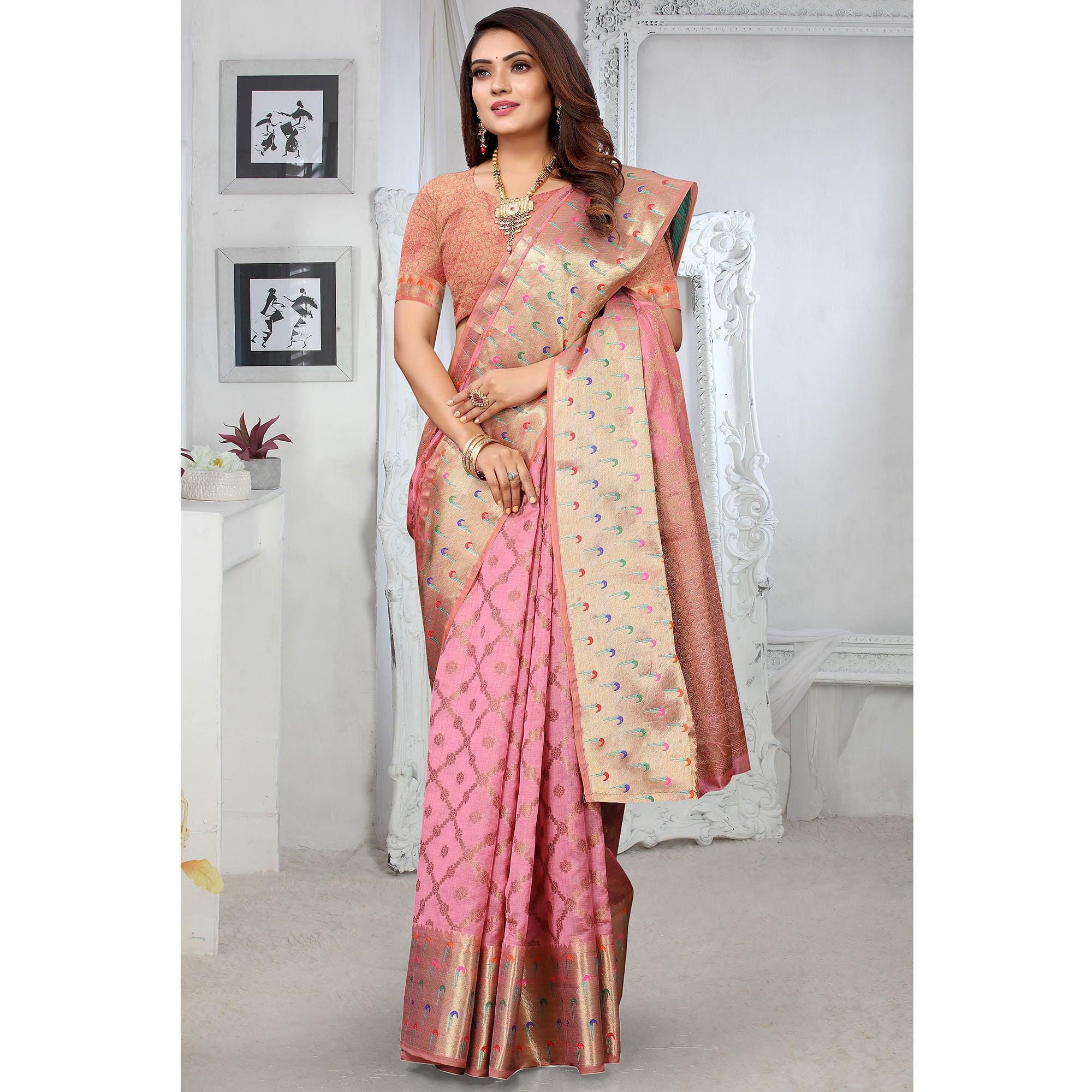 Pink Woven Organza Saree - Peachmode