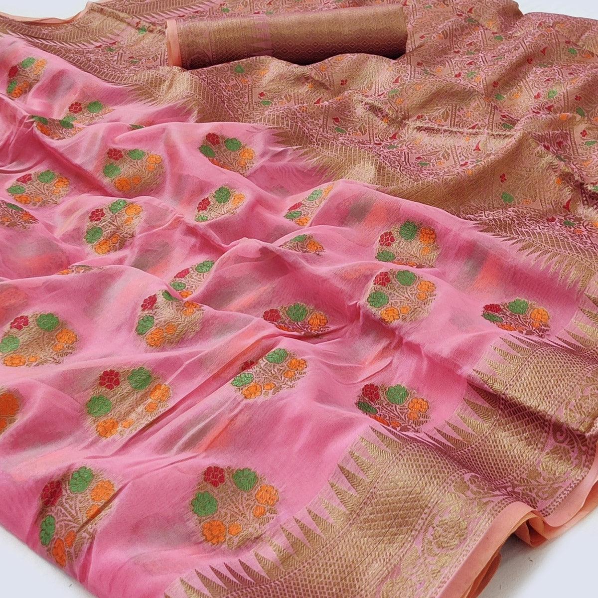 Pink Woven Organza Saree - Peachmode