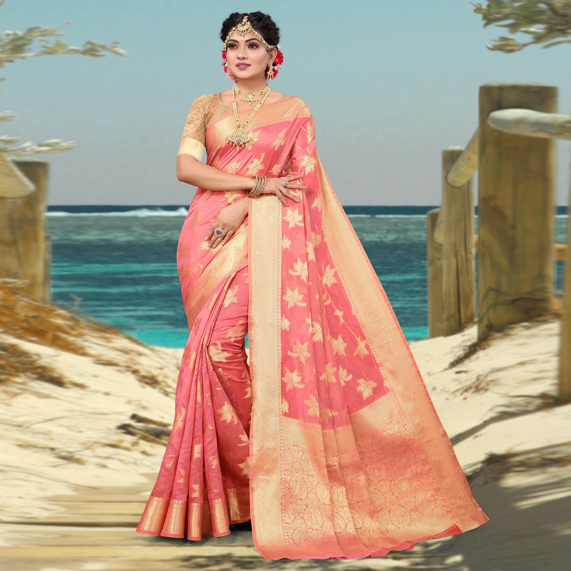 Pink Woven Organza Saree - Peachmode