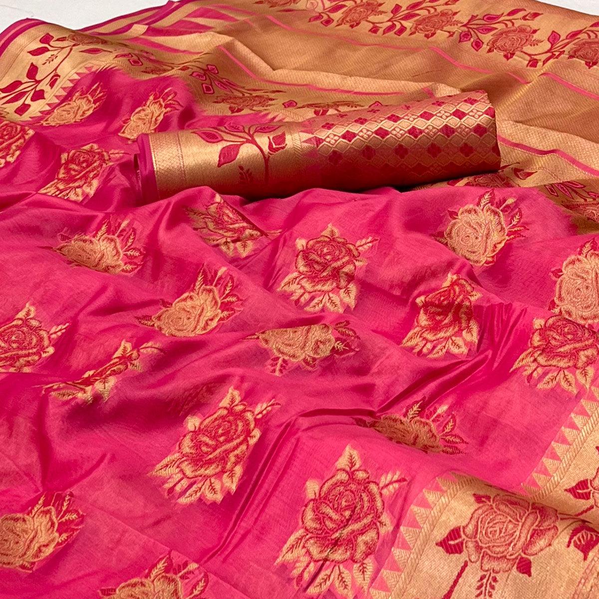 Pink Woven Organza Saree - Peachmode