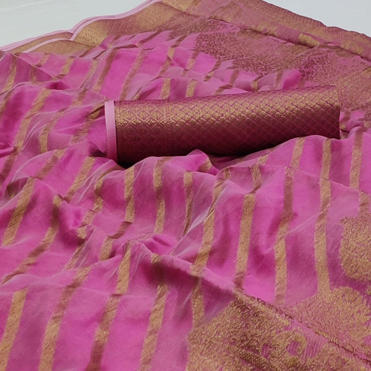 Pink Woven Organza Saree - Peachmode