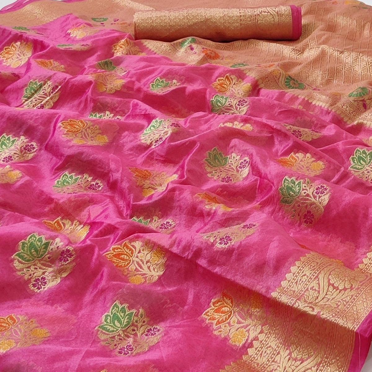 Pink Woven Organza Saree - Peachmode