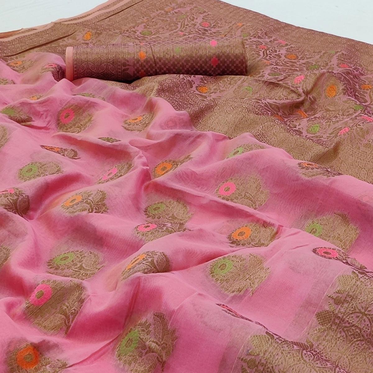 Pink Woven Organza Saree - Peachmode