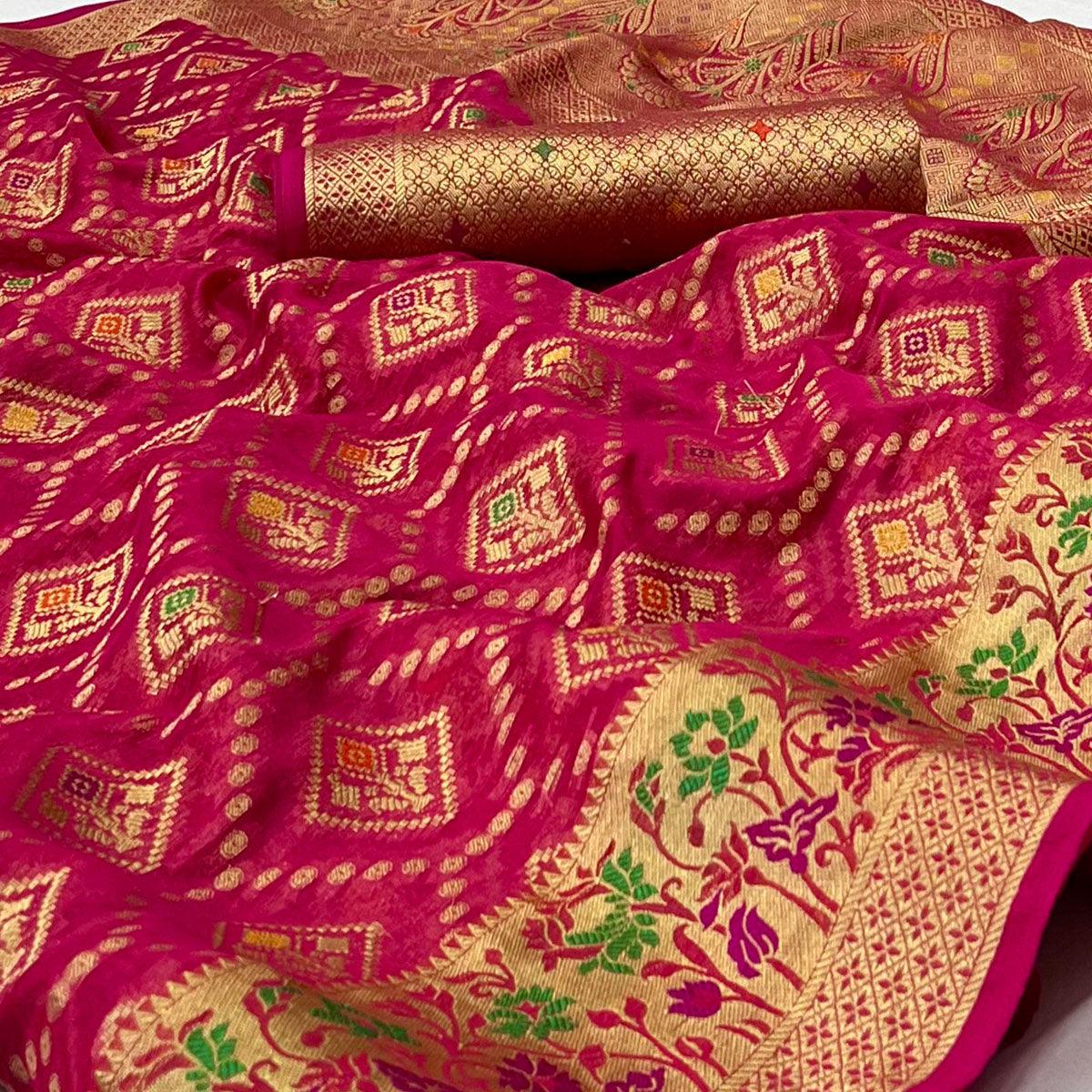 Pink Woven Organza Saree - Peachmode