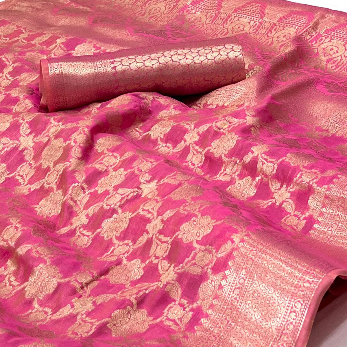 Pink Woven Organza Saree - Peachmode