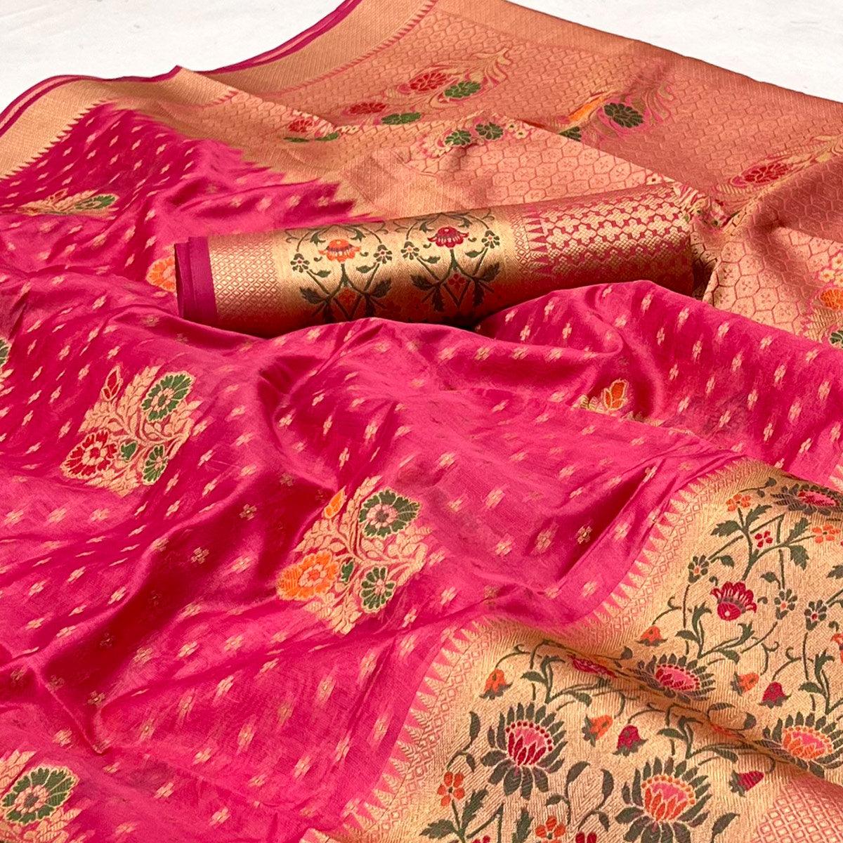 Pink Woven Organza Saree - Peachmode