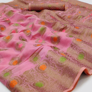 Pink Woven Organza Saree - Peachmode