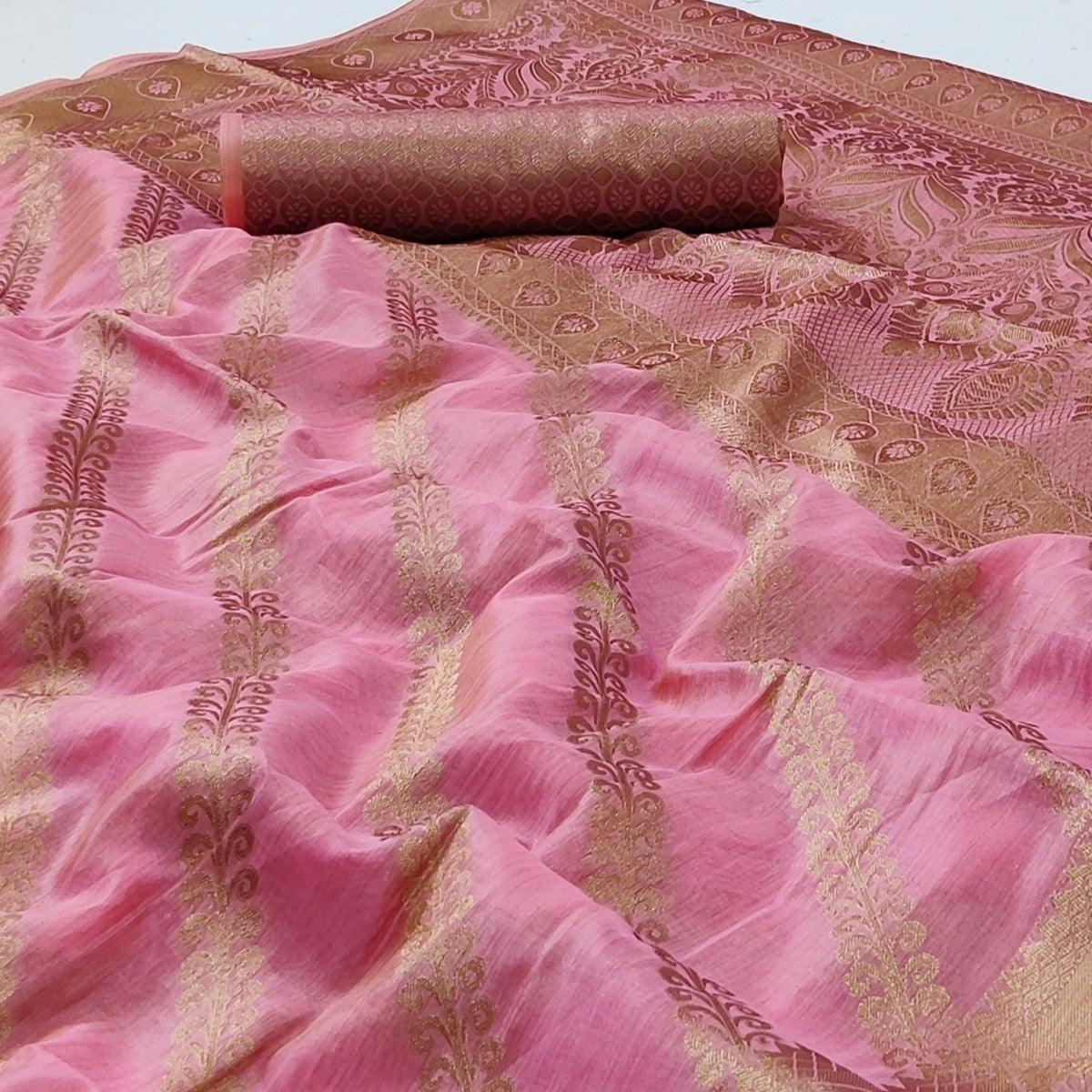 Pink Woven Organza Saree - Peachmode