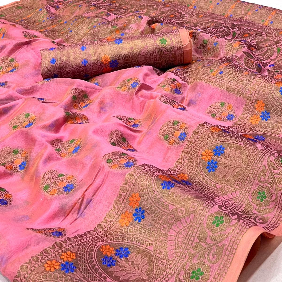 Pink Woven Organza Saree - Peachmode