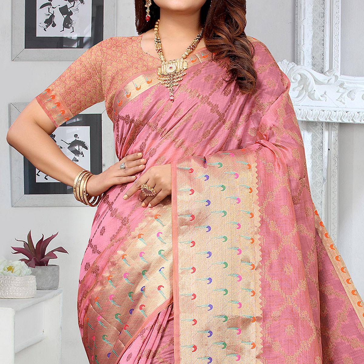 Pink Woven Organza Saree - Peachmode