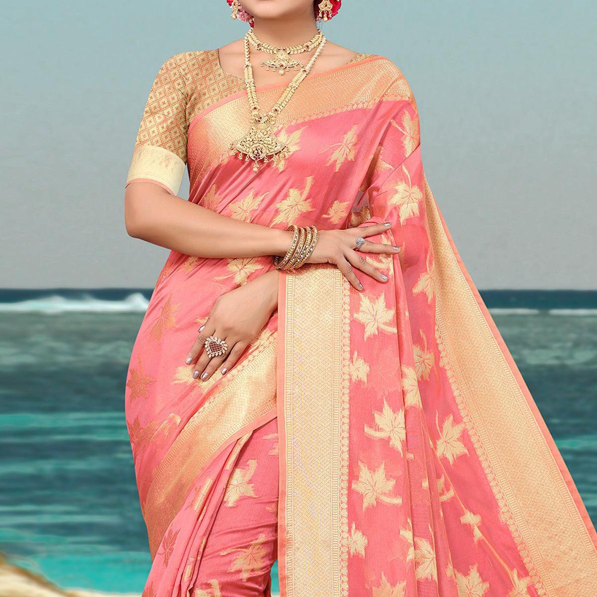 Pink Woven Organza Saree - Peachmode