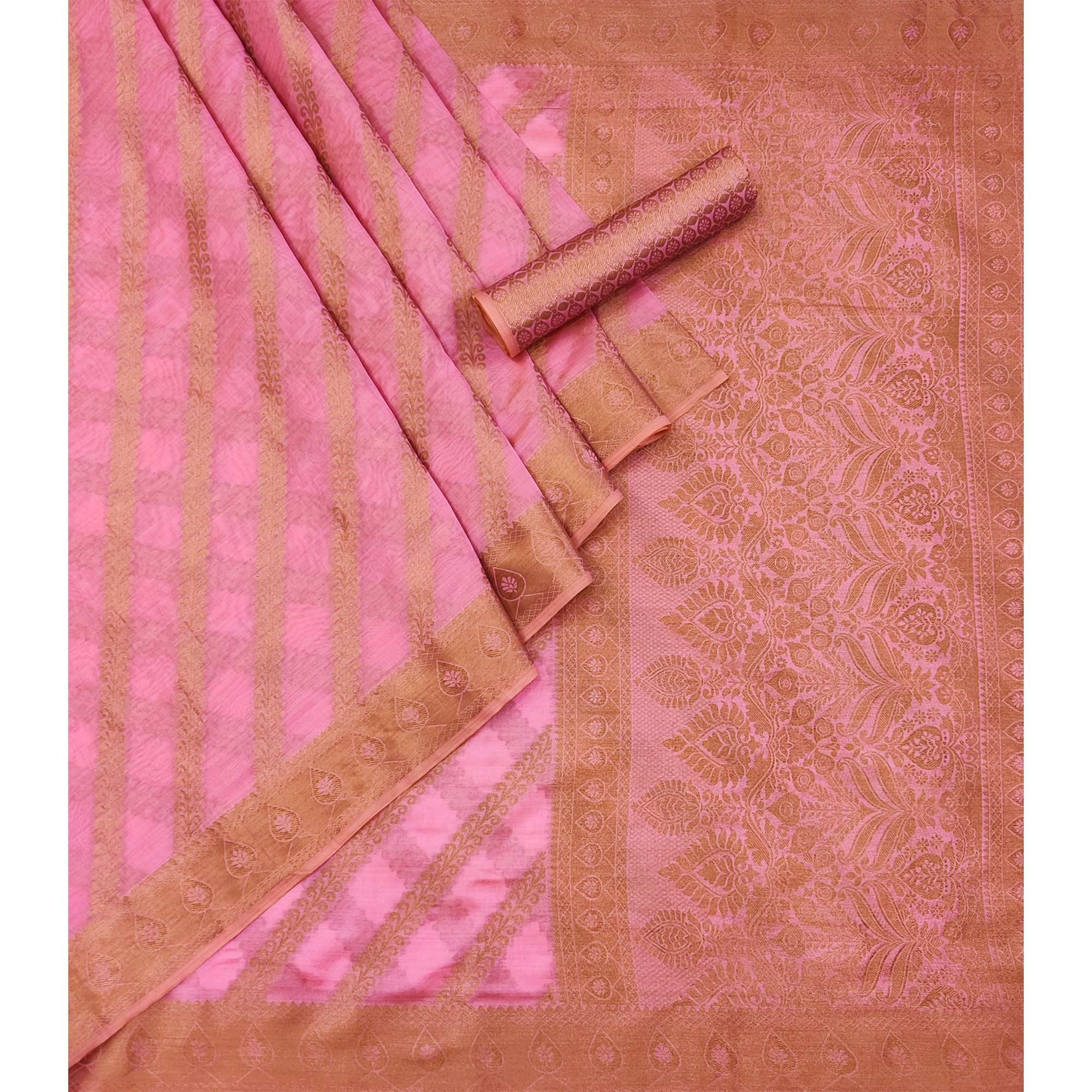 Pink Woven Organza Saree - Peachmode
