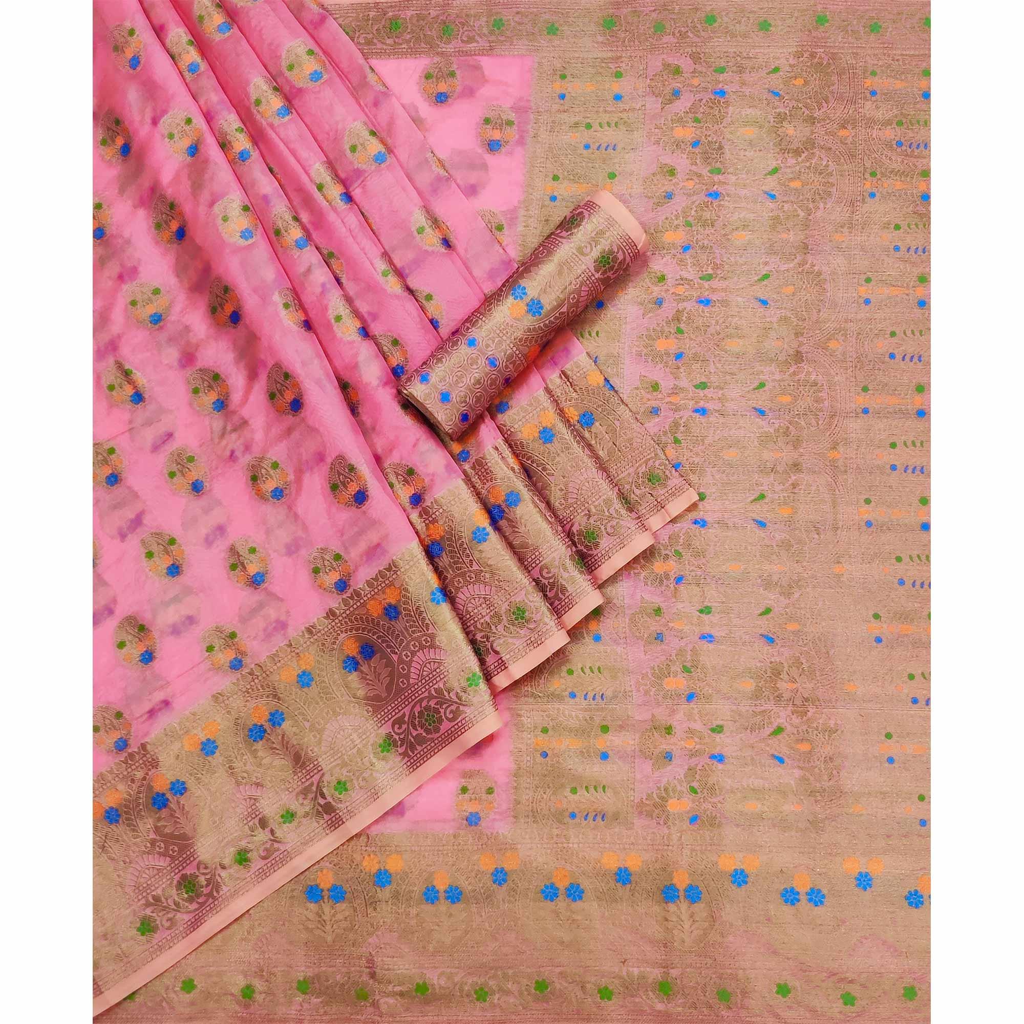 Pink Woven Organza Saree - Peachmode