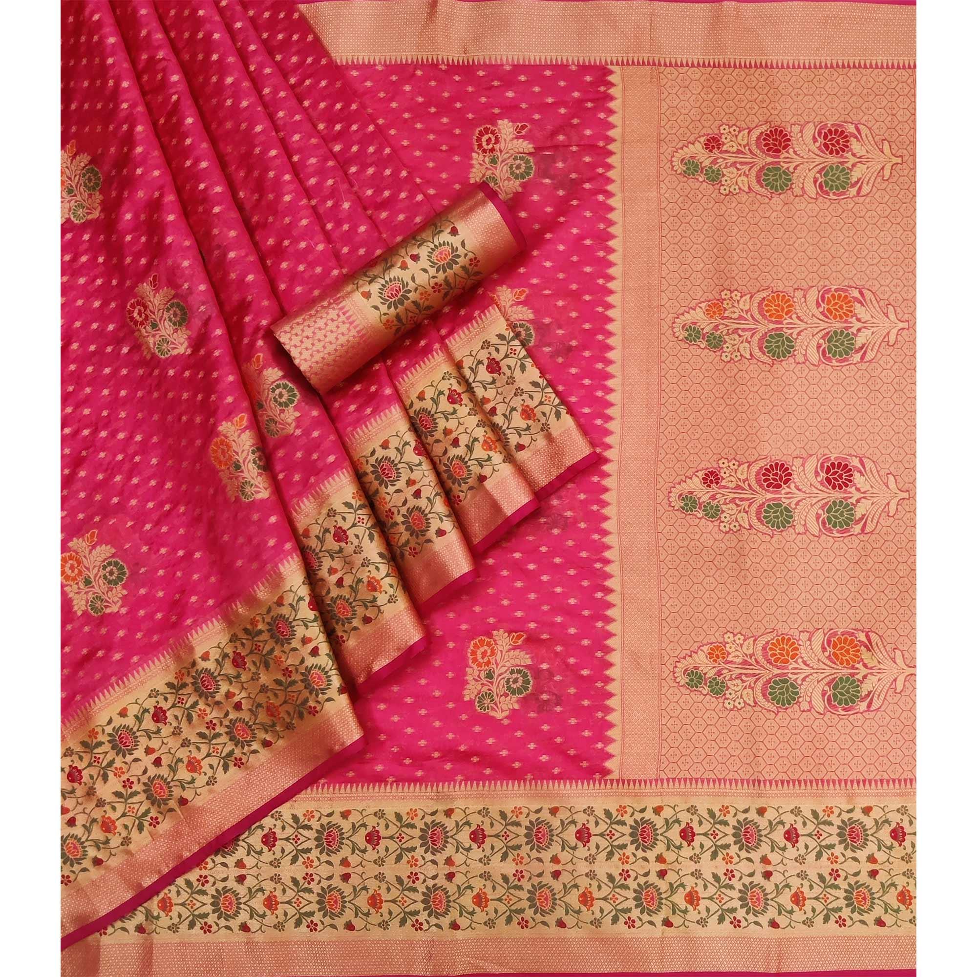 Pink Woven Organza Saree - Peachmode