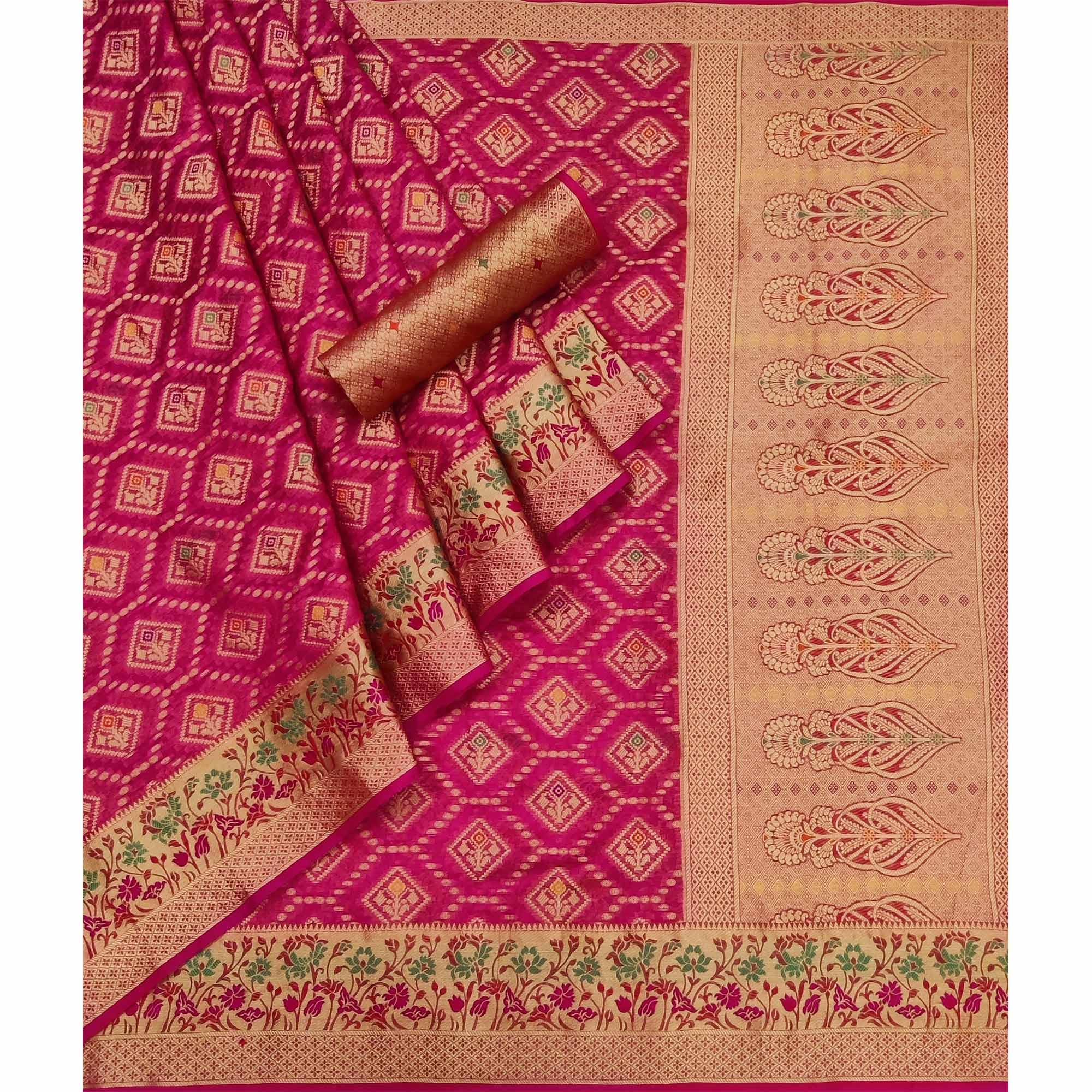 Pink Woven Organza Saree - Peachmode