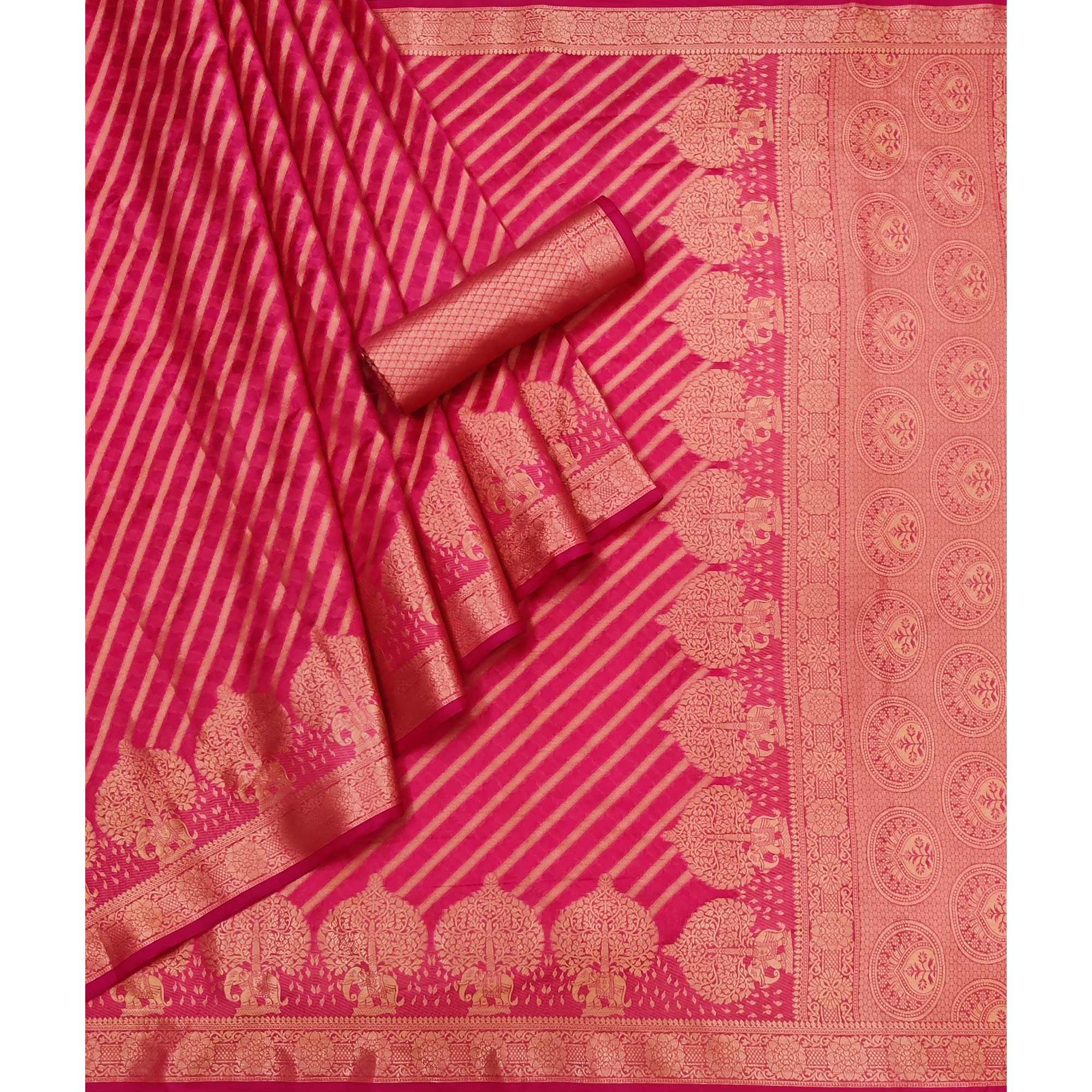 Pink Woven Organza Saree - Peachmode